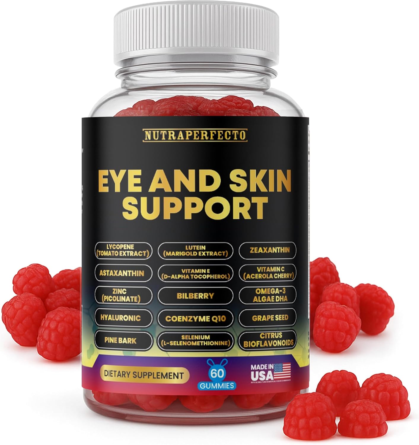 Eye & Skin Support Gummies – Lutein 20mg, Zeaxanthin, Lycopene, Astaxanthin, CoQ10, Omega-3 DHA, Hyaluronic Acid, Vitamin C & E – Vision & Skin Hydration Chewables with Antioxidant Botanicals