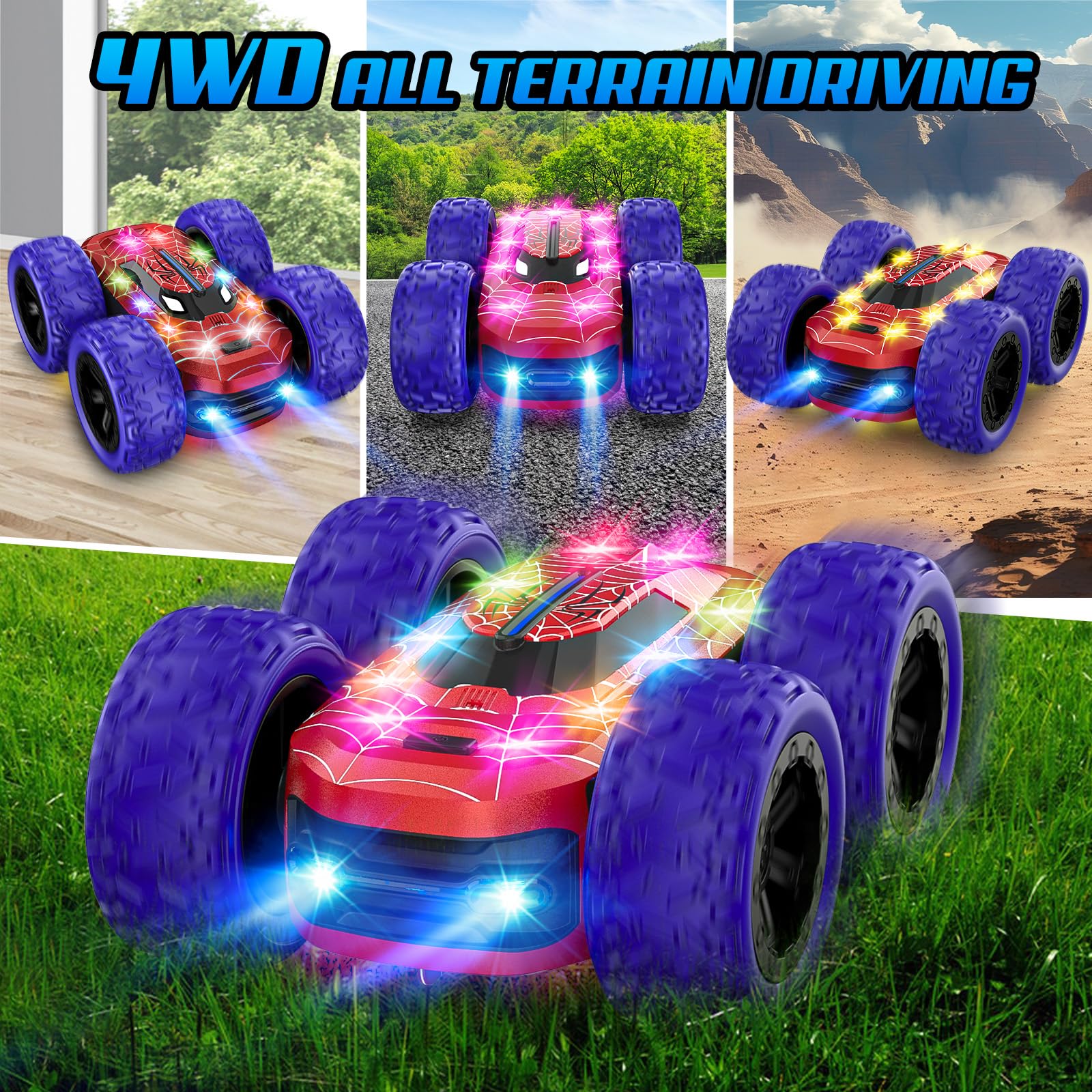 Macchina Telecomandata per Bambini 4 5 6 7 8 9 Anni, 4x4 RC Auto Radiocomandata con Luci Giochi da Giardino Esterno Interno, 360 Flip Doppio Monster Truck Spider Giocattolo Regalo Compleanno Natale