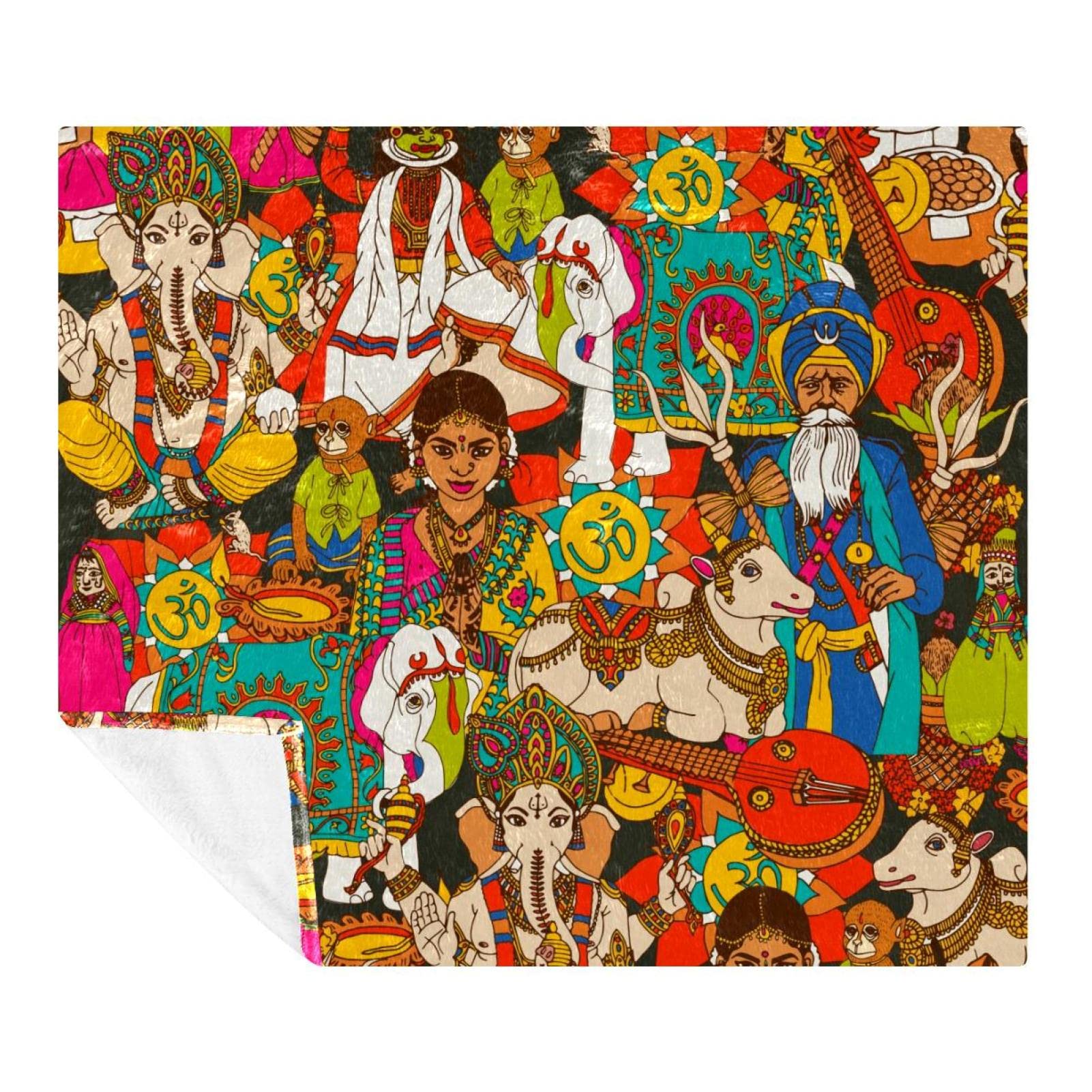 Couverture en microfibre douce et légère style indien motif animaux 150x130 cm