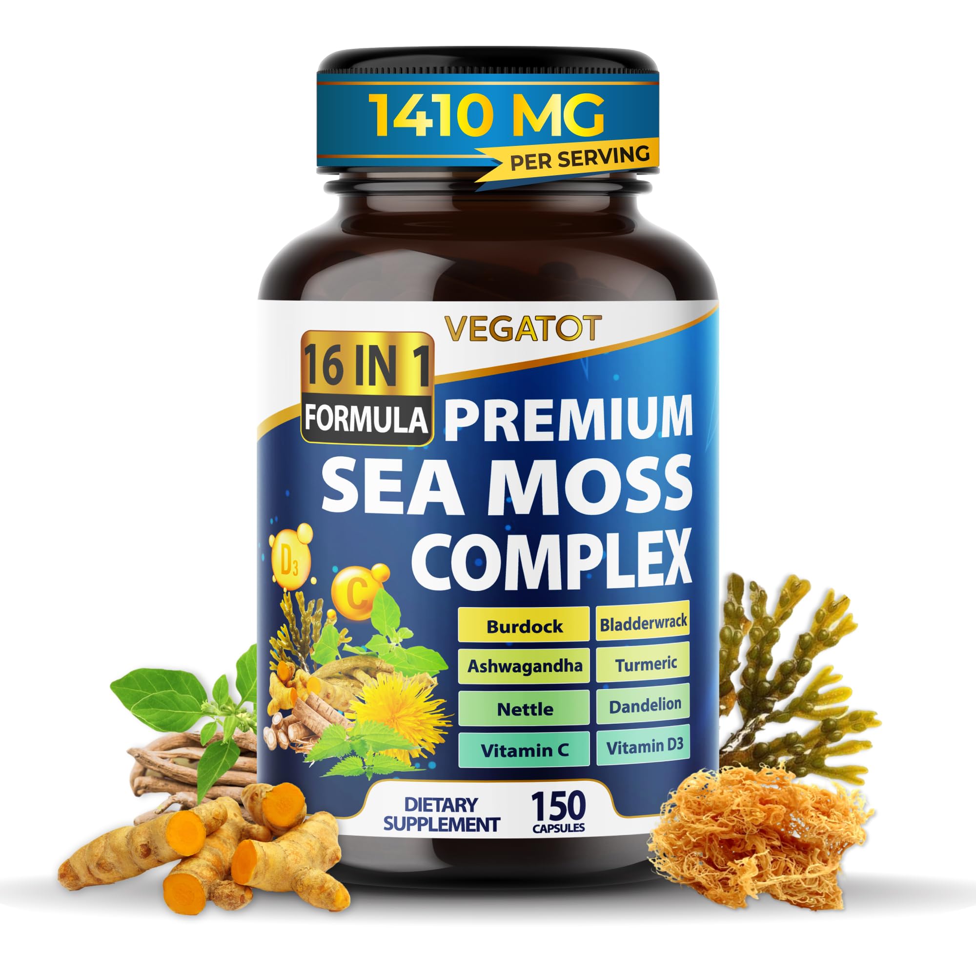 Vegatot Sea Moss 1410 mg 16-in-1 Daily Wellness Support, 150 Capsules