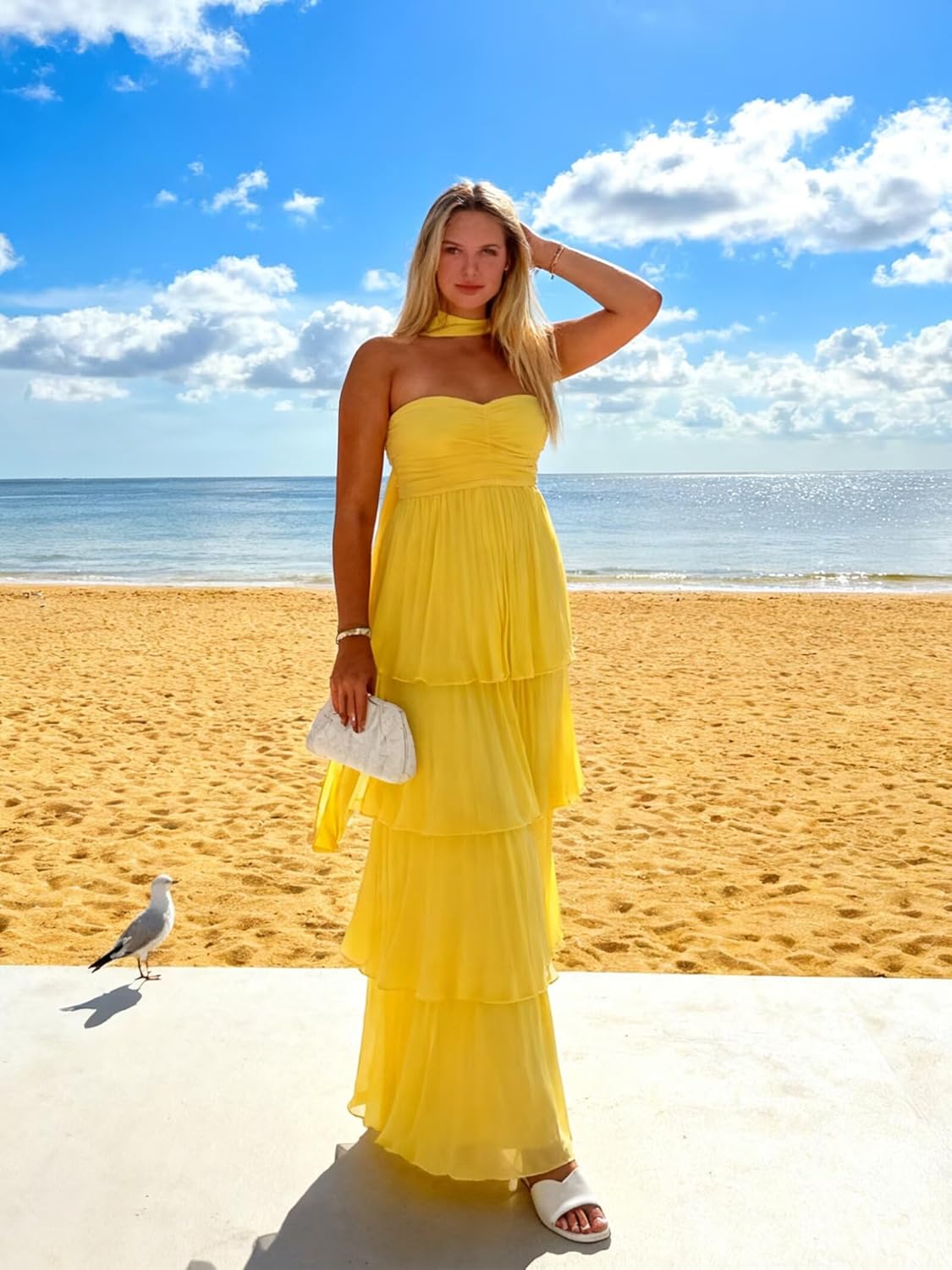 Chiffon Strapless Bridesmaid Dress Tiered Long Wedding Guest Dress with Scarf Pleated Formal Party Gown DY263