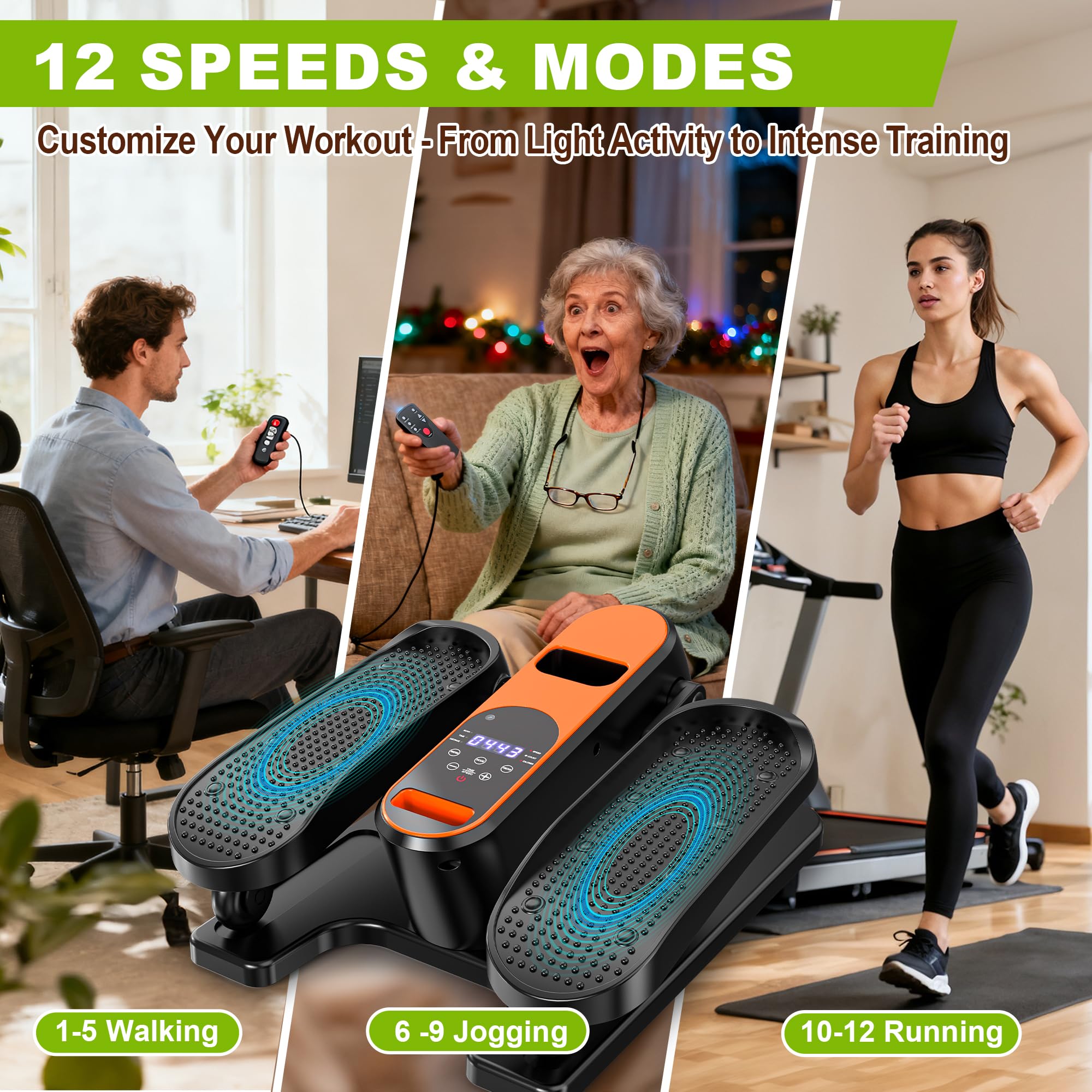 Mini Ellipsentrainer für Zuhause Untertisch Elektrischer Crosstrainer mit Fernbedienung, Display, 12 Geschwindigkeiten, Leise & Tragbar Stepper für Senioren Jugendliche und Erwachsene Freizeitübung