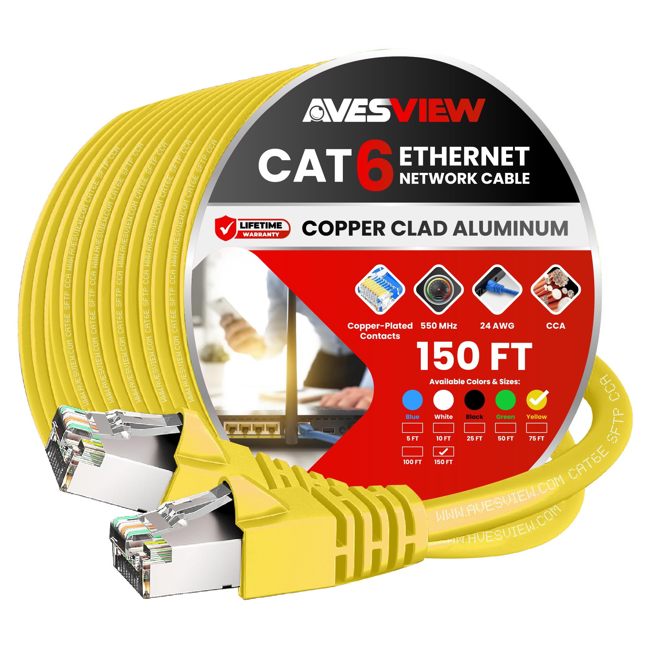 Câble Ethernet CAT 6 de 45,7 m, intérieur haut débit, 10 Gbit/s, long câble Ethernet CAT6 sans accroc pour Internet, routeur, modem, ordinateur, PlayStation, Xbox, caméra PoE, imprimante