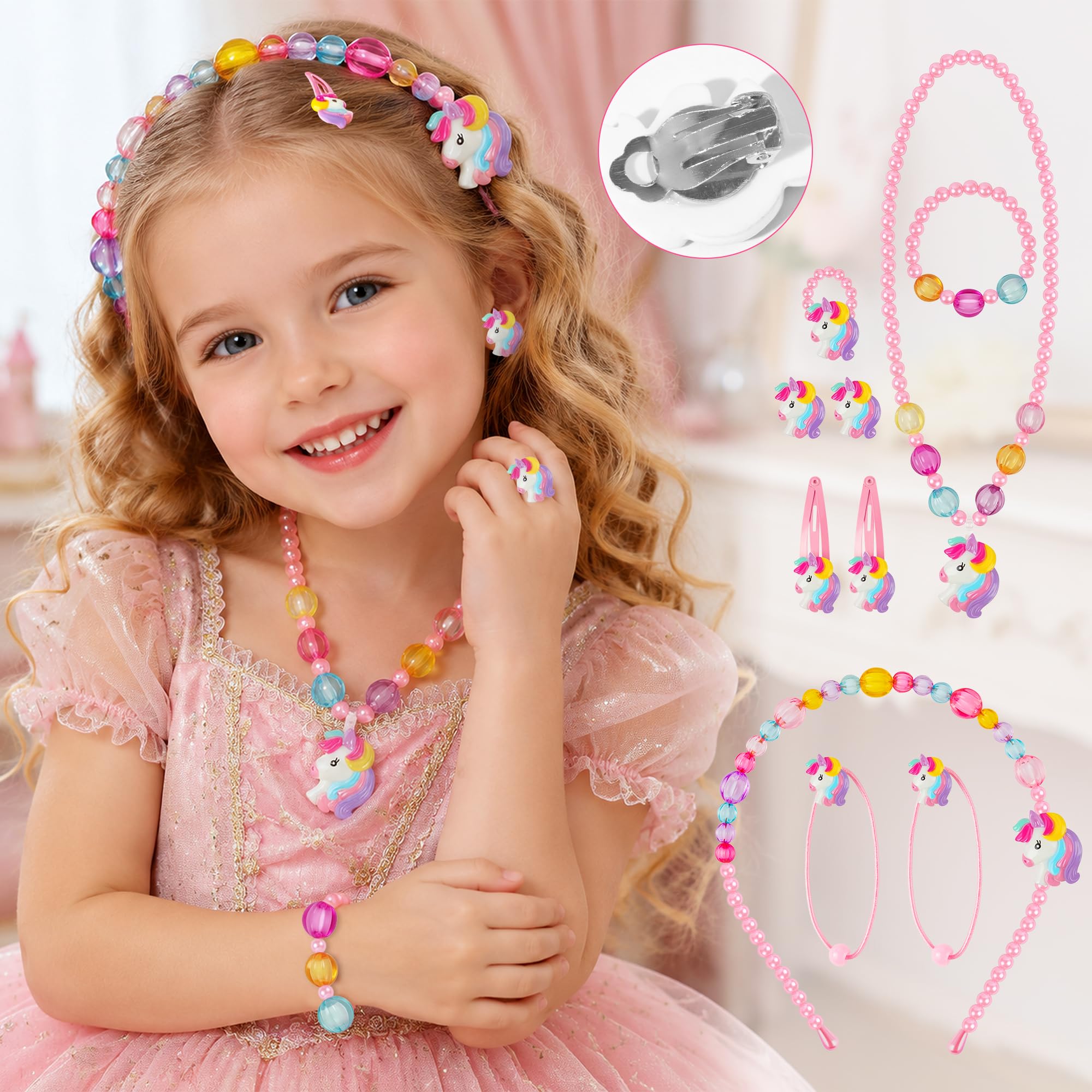 Einhorn Handtasche Schmuckset für Mädchen - Umhängetasche mit Kinderschmuck, Sonnenbrille, Tattoos, Haarspange, Geldbörse und Schlafmaske, Einhorn Geschenk für Mädchen 2-8 Jahre