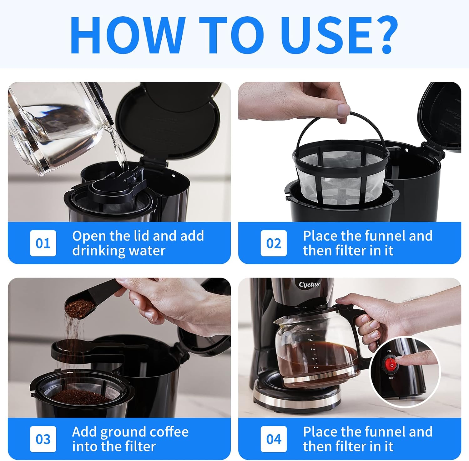 CYETUS Drip Coffee Maker 12 cup with Permanent Filter and Borosilicate Glass Carafe, Smart Anti-Drip System Coffee Brewer Machine, Auto Keep Warm Function, Coffee Pot Black