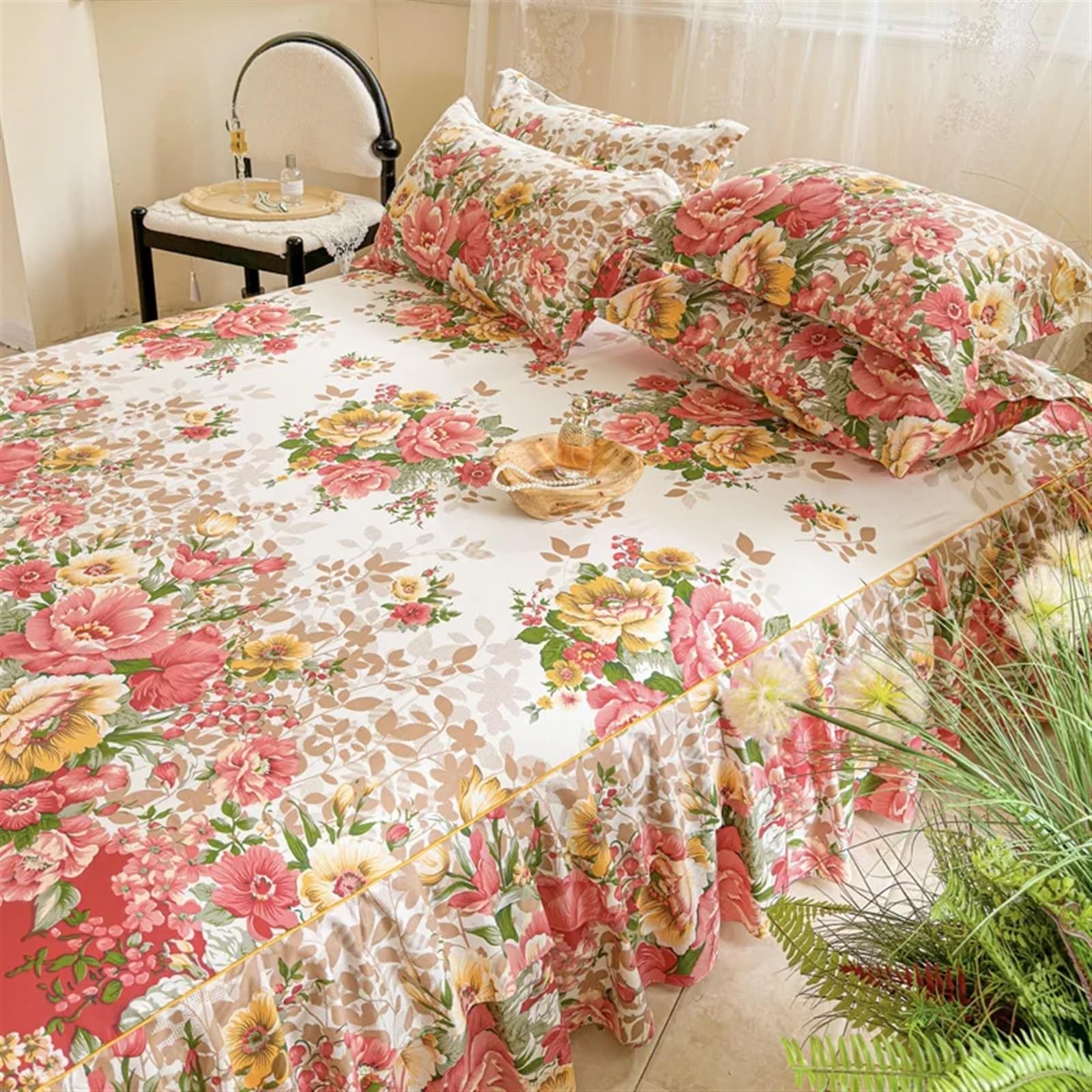 Falda de Cama de Estilo Floral, Colcha de Encaje de Doble Capa, Funda de Cama con Volantes, Protector de colchón for el hogar FaldóN De Cama Ruffle Wrap Colcha Gruesa(C,180x220cm 1pc)