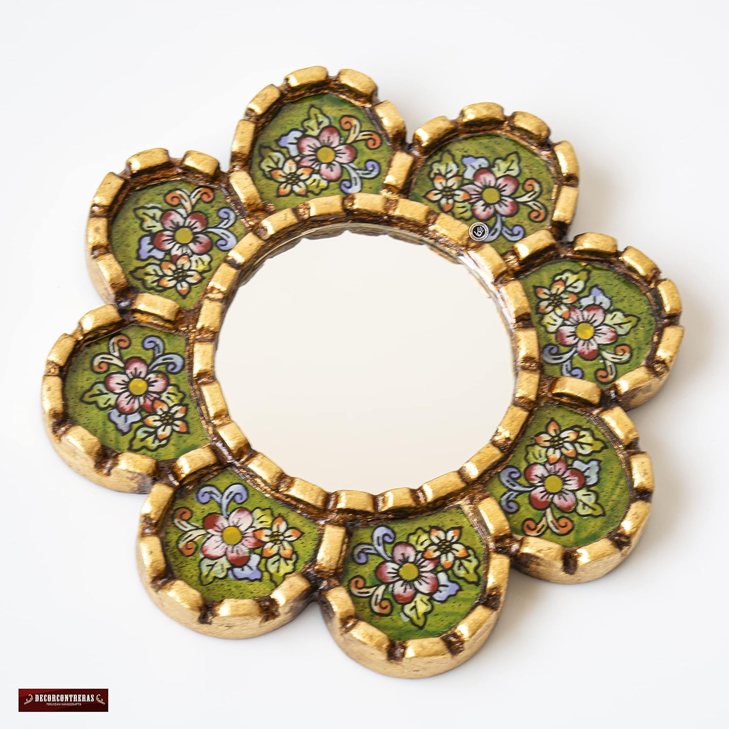 Small Green Mirror 6in for Wall Decor | Peruvian Hand Painted Glass Mirror with Gold Leaf Finish | Handmade Round Mirror for houswarming