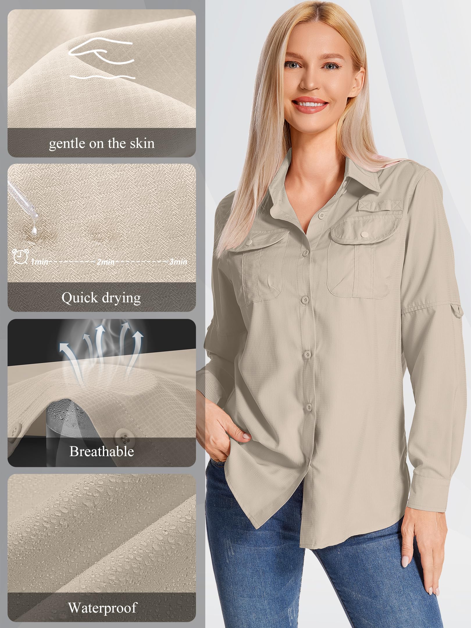 Camisa de Safari para Mujer Manga Larga - Tejido Transpirable y Secado rápido - Protección Solar UPF - Ideal para Pesca, Senderismo, Trekking, Acampada y Viajes - Ruta técnica Outdoor