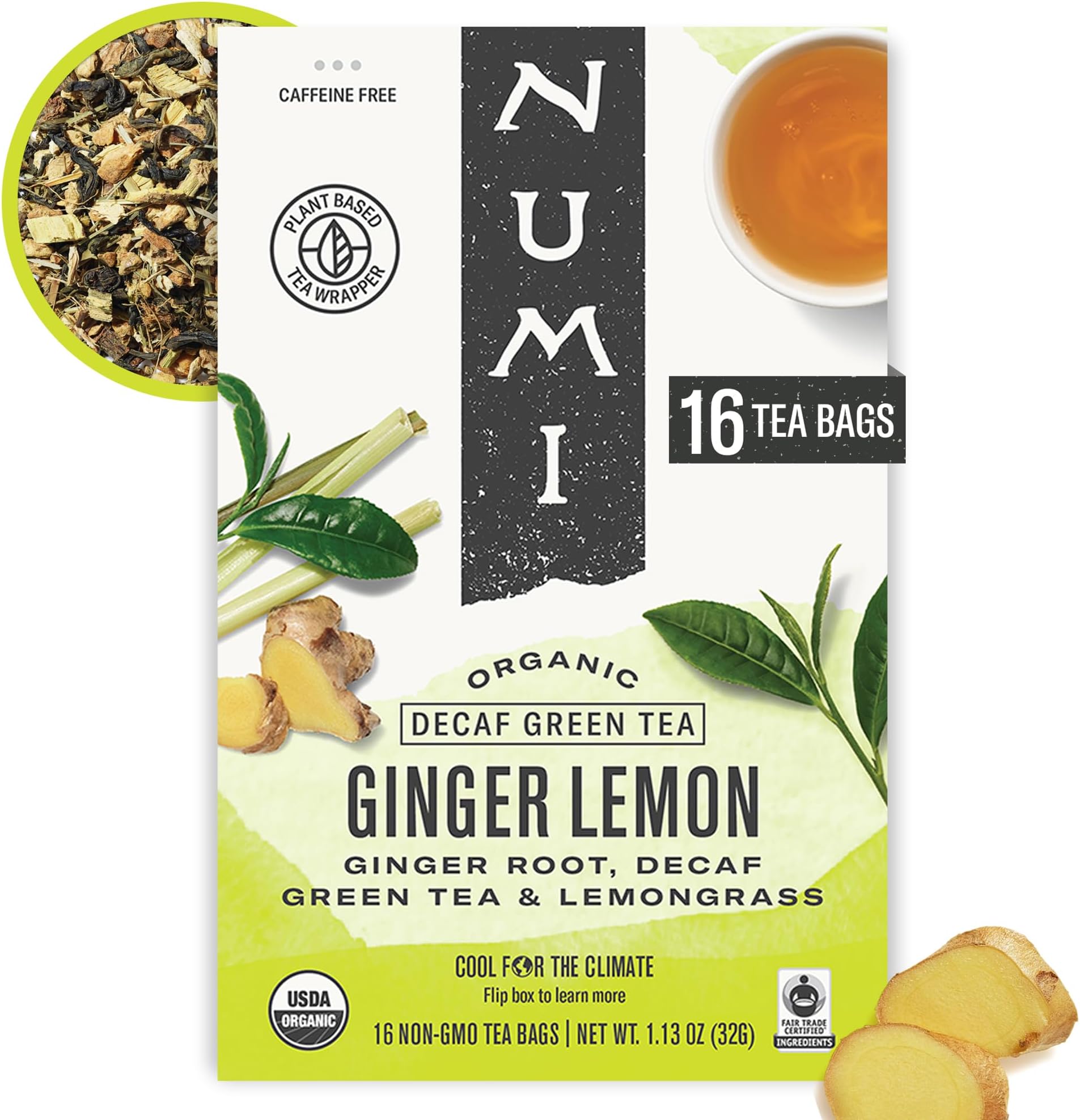 Numi Organic Ginger Lemon Decaf Tea, 16 Green Tea Bags, Micro-Plastic Free