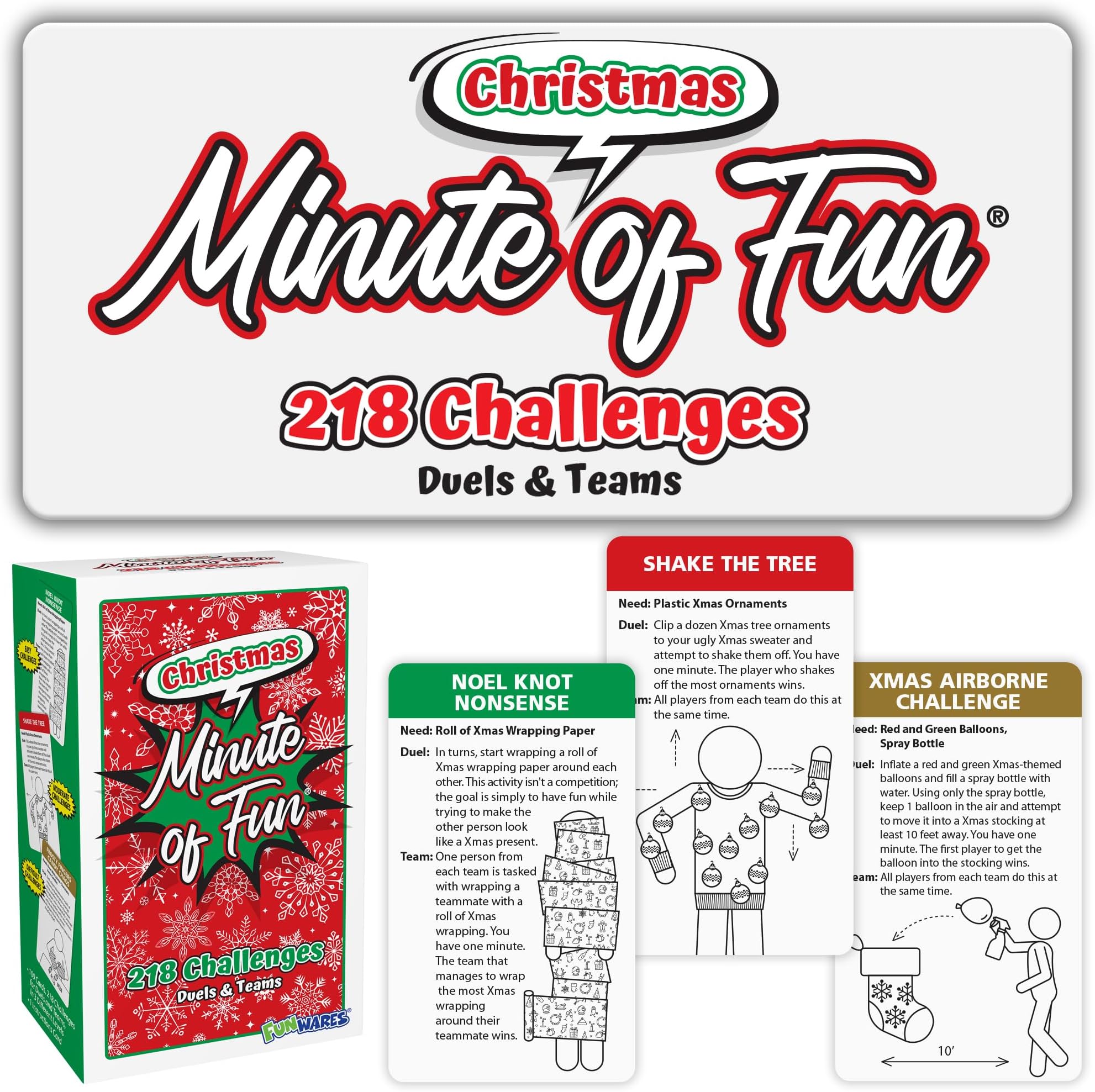 Funwares Christmas Special Edition, 218 Minute of Fun Games - Minute to Win It Family Party & Travel for Kids & Adults, 2-12 Players! Play with Everyday Household Items.