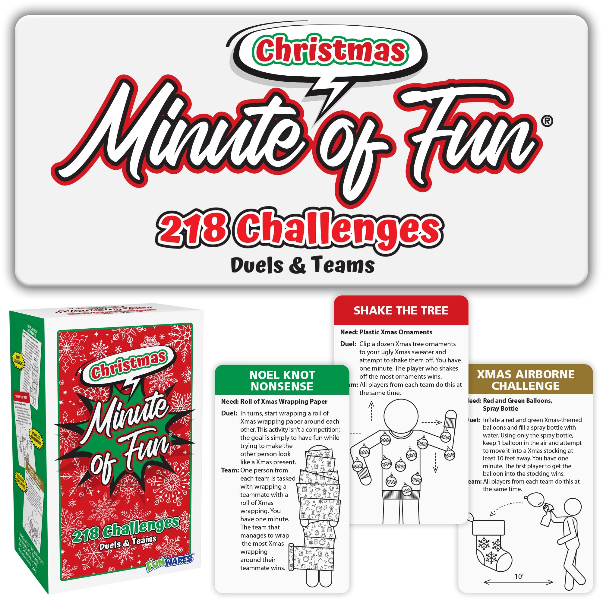 Funwares Minute of Fun: Christmas Expansion Pack - 218 New Challenges - Transform Everyday Household Items Into The Minute to Win It Christmas Games, 2-12 Players