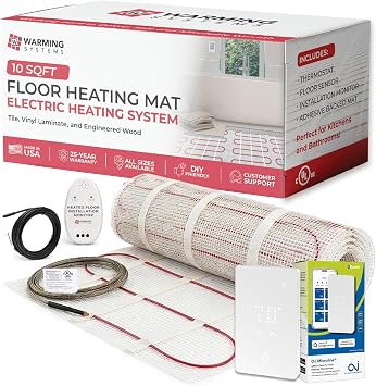 10 Sqft Electric Radiant Floor Heating Mat Kit 120V Heated Tile Floor System with UWG5 Programmable Thermostat, Sensor, Installation Monitor & , Made in the USA