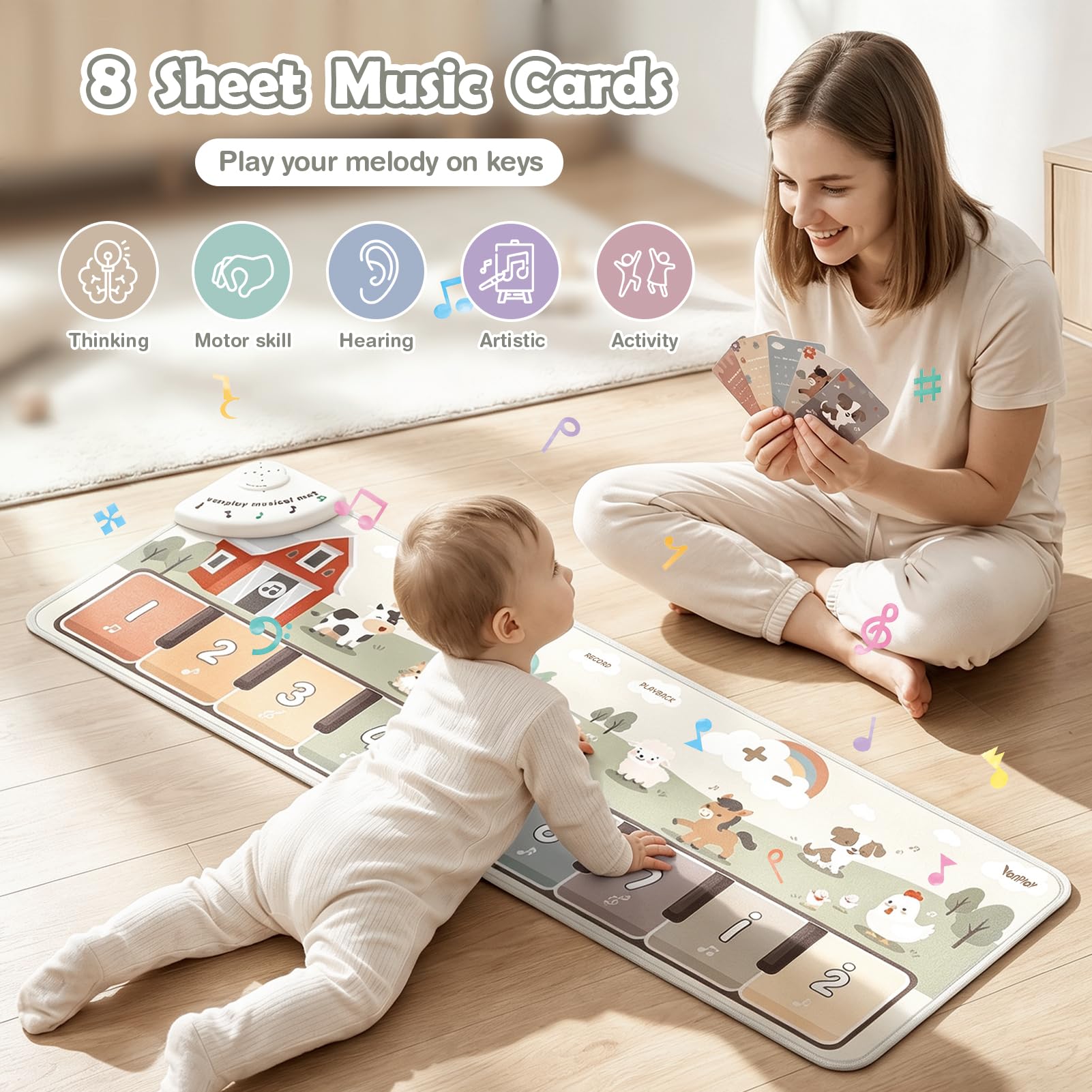 Baby Toys Musical Play Mat Toys for 1 2 3 Year Old Boys Girls, Piano Mat with 9 Piano Keyboard, Recording & Playback Function for Toddler Toys Baby Sensory Toys Baby Boy Girl Gifts