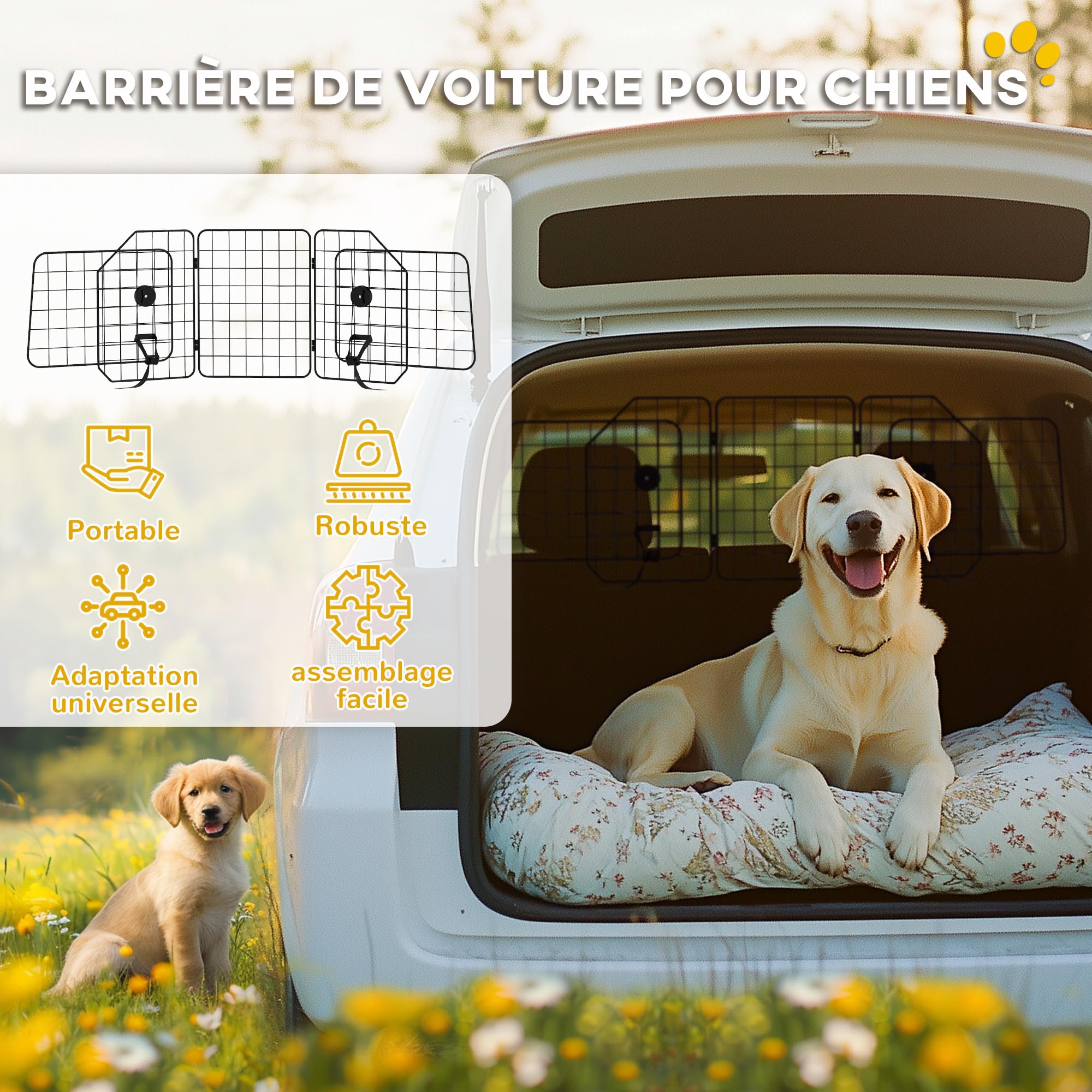 PawHut Grille de Séparation pour Chien Voiture Pliable, Largeur Ajustable 93-150 cm, Universelle pour Appui-tête, Noir