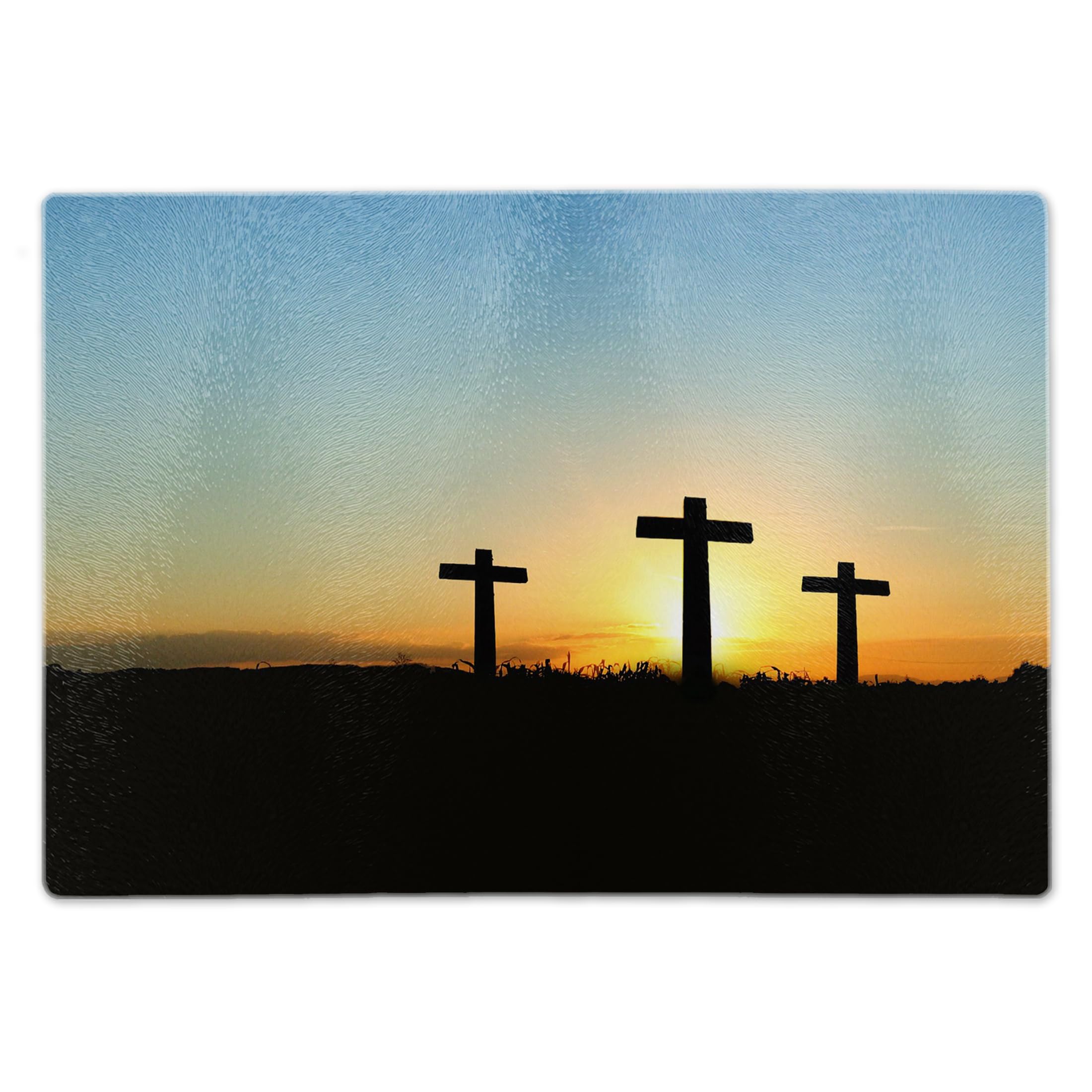 ShopQuality4U Premium Medium Glass Cutting Board Cheese Board Board Christian Catholic Crucifix Sunset Design Kitchen Worktop Saver Protector