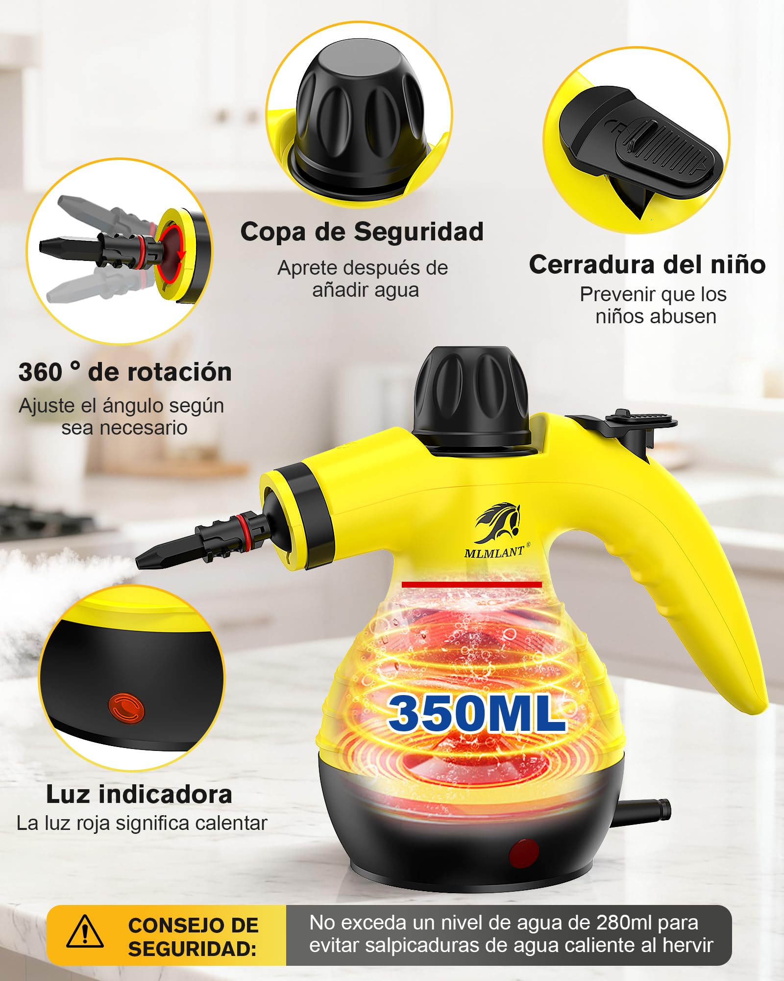 MLMLANT Limpiador de vapor, limpiador de vapor multifunción con cierre de seguridad y juego de 9 accesorios, ideal para alfombras, asientos de coche, sofás, tapizados y mucho más