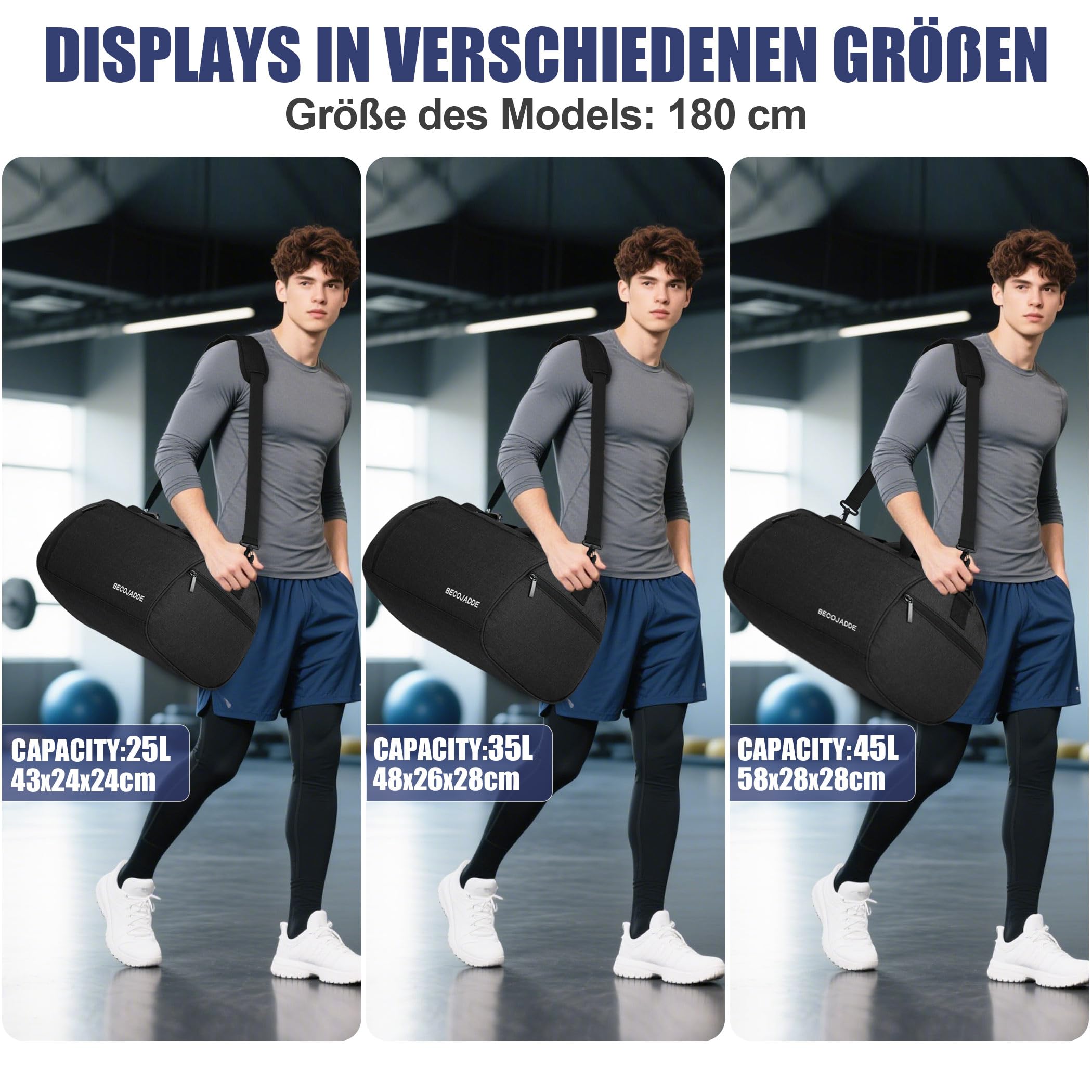 BECOJADDE Sporttaschen für Damen und Herren, 25L Reisetasche Duffel Bag Übernachtungstasche mit Schuhfach & Nassfach, wasserdichte Handgepäcktasche für Sport, Fitnessstudio, Schwimmen, Schwarz