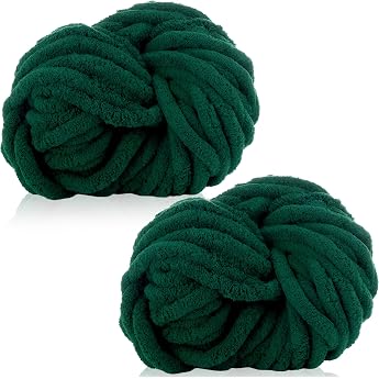 Pack of 2 Thick Wool Yarn 2 x 250 g Chenille Chunky Wool Soft Arm Knitting Wool for Knitting and Crocheting XXL Chenille Wool Yarn for Blankets Cushions Scarves Hats Dark Green