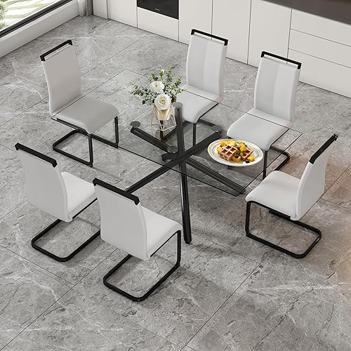 Miniatura 20 de Juego de 6 mesas de comedor de cristal, moderno juego de mesa de comedor de 71 pulgadas con 6 sillas de comedor tapizadas de piel sintética para