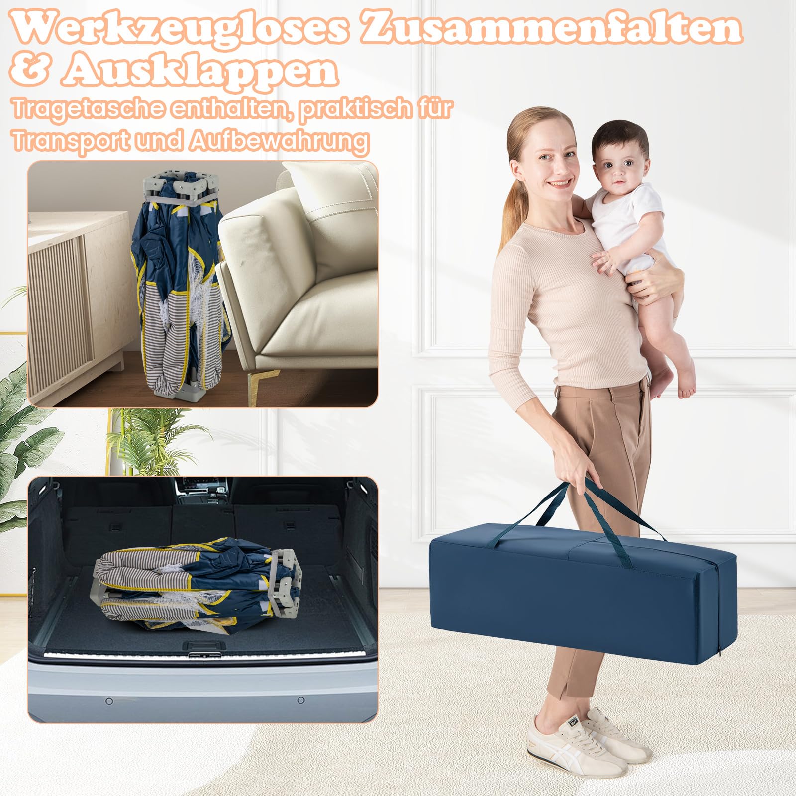 GOPLUS 150 x 150cm Laufstall Babys, Laufgitter tragbar mit 50 bunten Bällen, 4 Griffen & Tragetasche, umzäunter Spielbereich mit Reißverschlusstoren für Kinder drinnen und draußen (Blau)