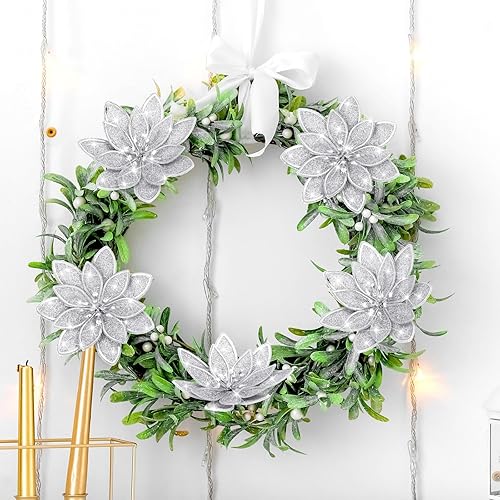 Miniatura 6 de Lyrow 24 flores de Pascua artificiales con purpurina de Navidad con clips de 4 pulgadas, decoración de flores de Navidad de 4 pulgadas, coronas de