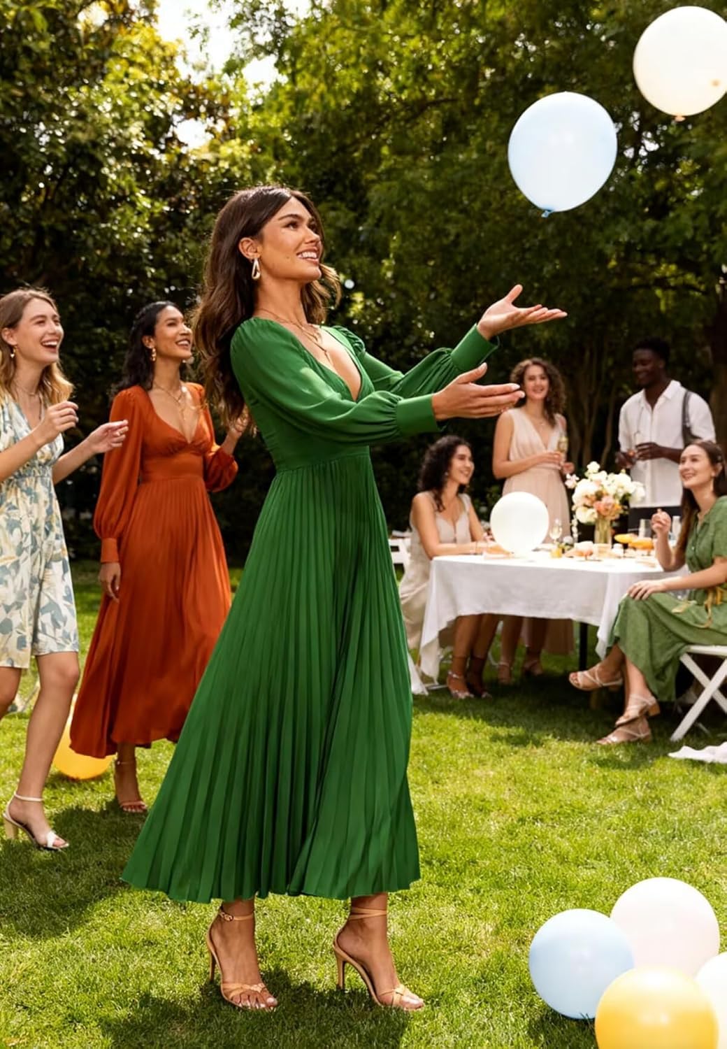 Pleated Satin Bridesmaid Dress Long Sleeve V Neck Formal Evening Party Gowns A Line for Elegant Women - Image 5