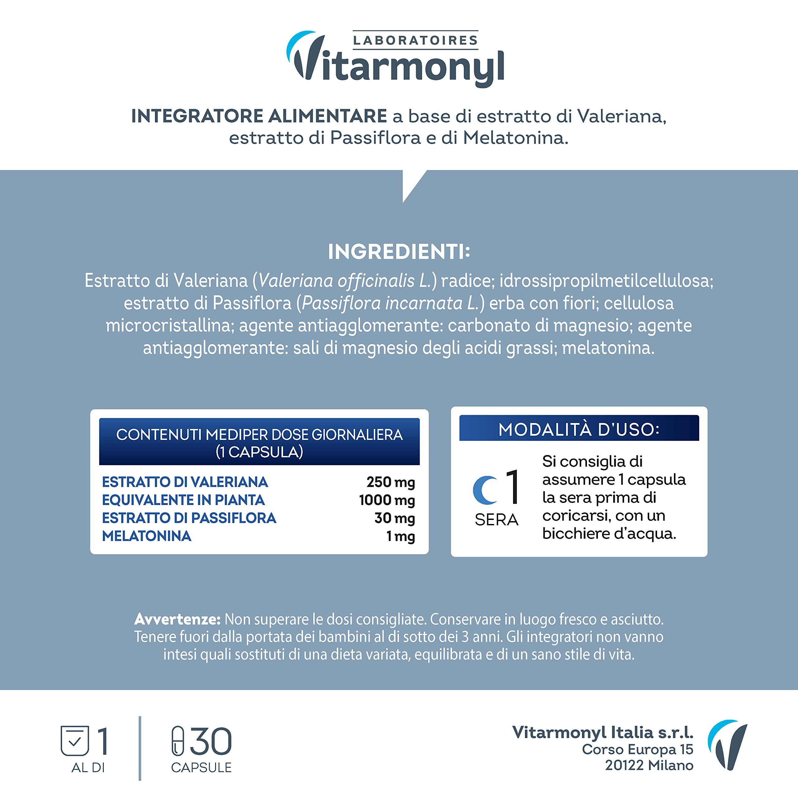 Melatonina Più - Integratore Alimentare per Sonno e Jet Lag - Con Passiflora, Valeriana e Luppolo - Favorisce il Rilassamento - Confezione da 30 capsule - Vitarmonyl