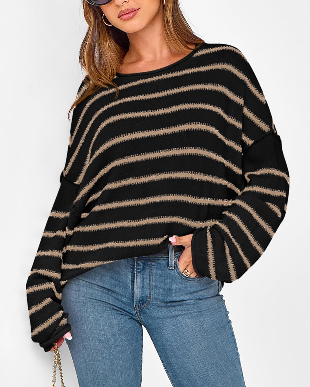 BTFBM Women's Striped Knit Sweaters 2026 Spring Fall Boat Neck Off Shoulder Long Sleeve Oversized Casual Pullover Tops - Image 4