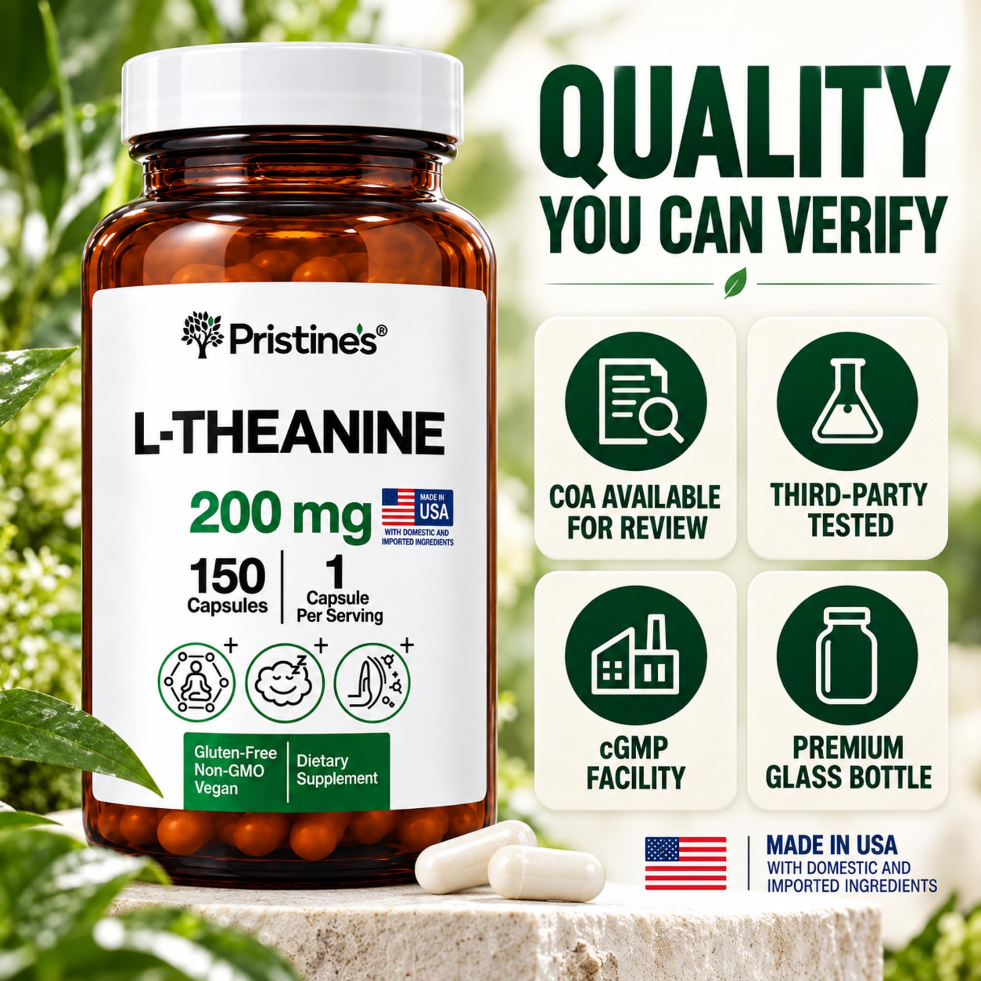 PRISTINE'S L-Theanine 200mg Capsules, Sleep & Calm Focus Support, 150 Count — Amazon image 6