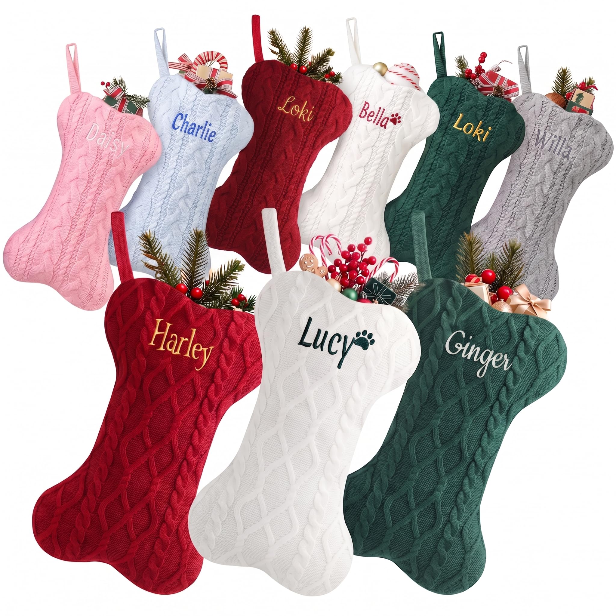 Takezuaa Personalised Dog Christmas Stocking, Custom Bone Shape Christmas Stocking with Embroidered Name & Icon, 15.75Inch Large Cable Knit Pet Stocking for Fireplace Hanging Decor Dog Cat 8 Pack