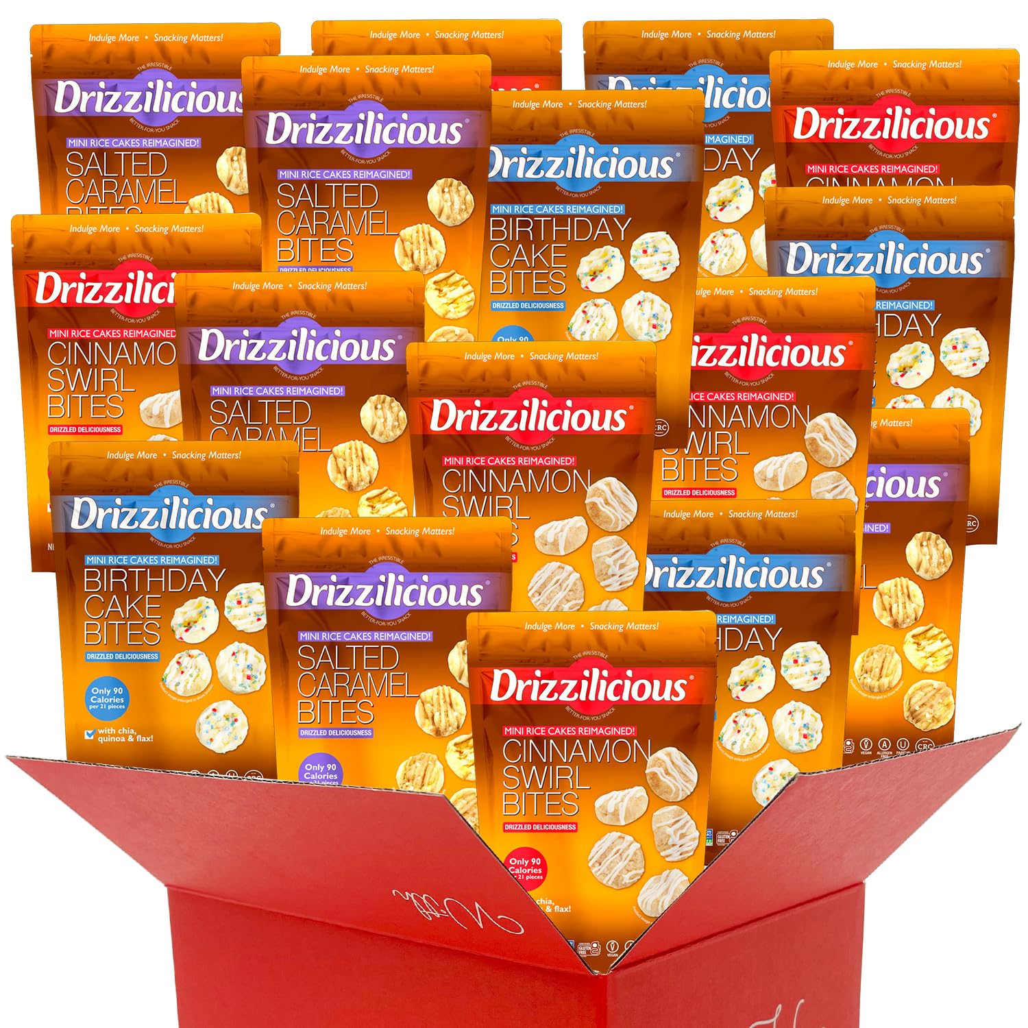 Mini Rice Cakes Variety Pack | 3 Flavors Birthday Cake, Cinnamon & Salted Caramel | Rice Crisps Healthy Snack Adults Kids | Vegan Gluten Free Allergen Free - (28 Bags (12 Birthday Cake, 10 Cinnamon, & 6 Caramel))
