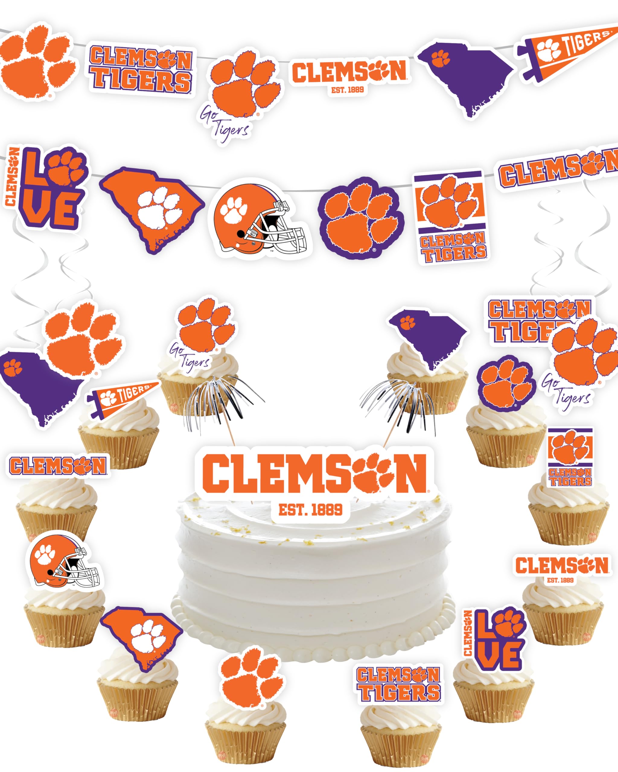 Clemson Party Supplies for Football, Birthday Gift, Graduation Party Banner and Cake Toppers (42 Pieces) (Clemson Tigers)