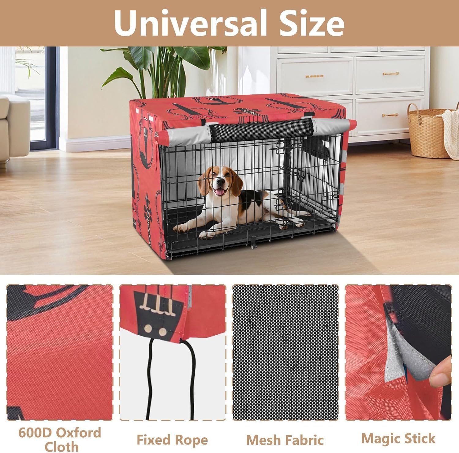 Violin Orange Dog Crate Cover Roll-up Side Panels, Pet Kennel Cover with Mesh Windows, X-Large