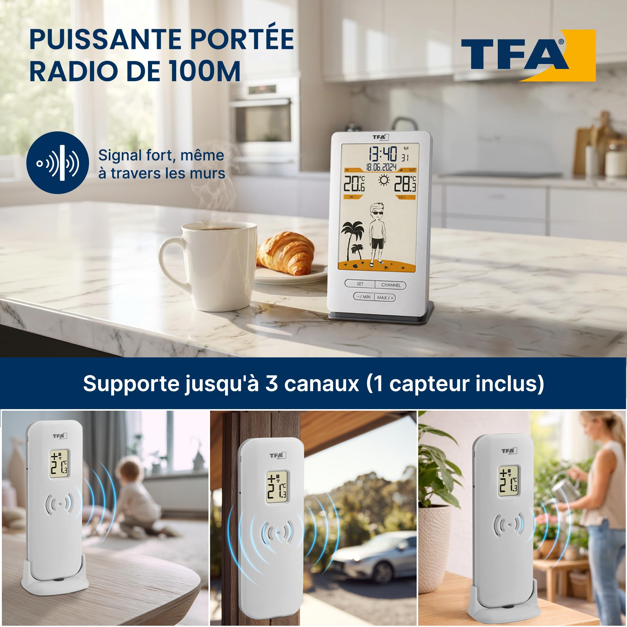 TFA Dostmann Station météo sans fil Weather Jack, 35.1166.54, température extérieure/intérieure, capteur ext, prévisions météo, avec suggestions de vêtements, argenté