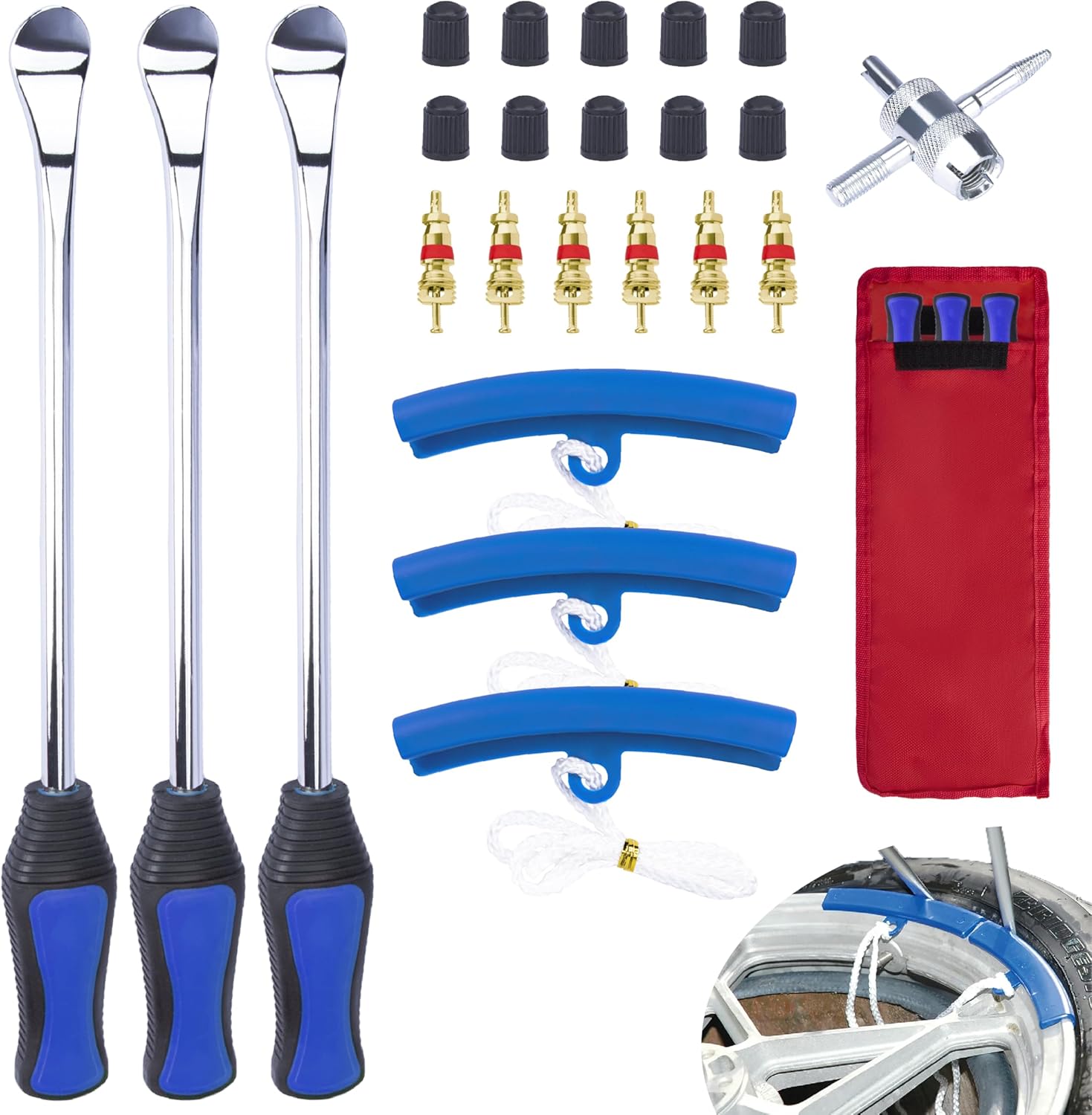 ecocstm 12.2 Inch Tire Spoons, Dirt Bike Tire Changing Tools, Tire Changing Kit, Tire Removal Tool, with Rim Protector, Valve Tool, Valve Cores and Caps, for Motorcycle/Lawn Mower/Tractor/Bicycle