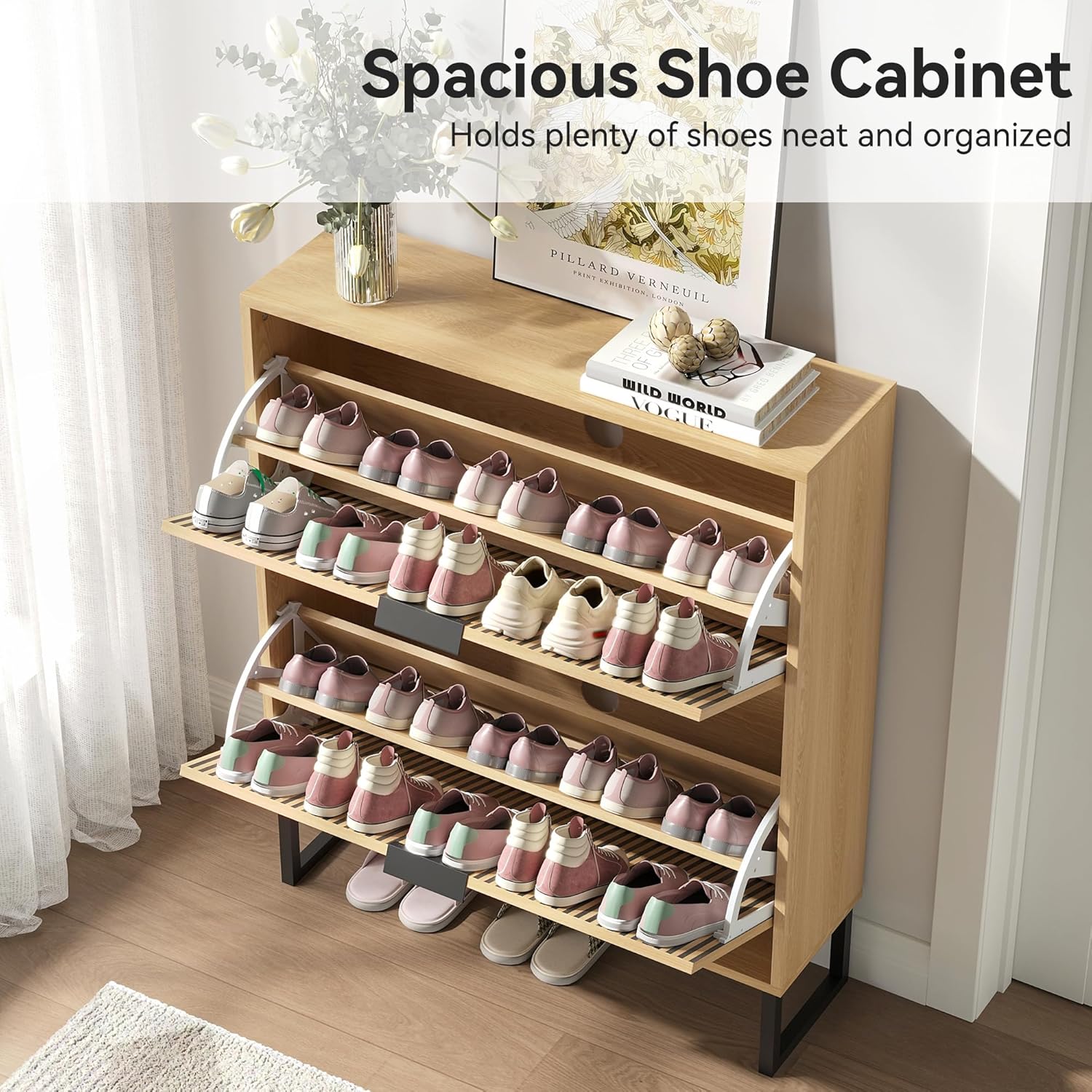 Shoe Cabinet with 2 Flip Drawers, Narrow Wood Shoe Cabinet Storage for Entryway, Freestanding Hidden Shoe Organizer Rack Cabinet for Hallway