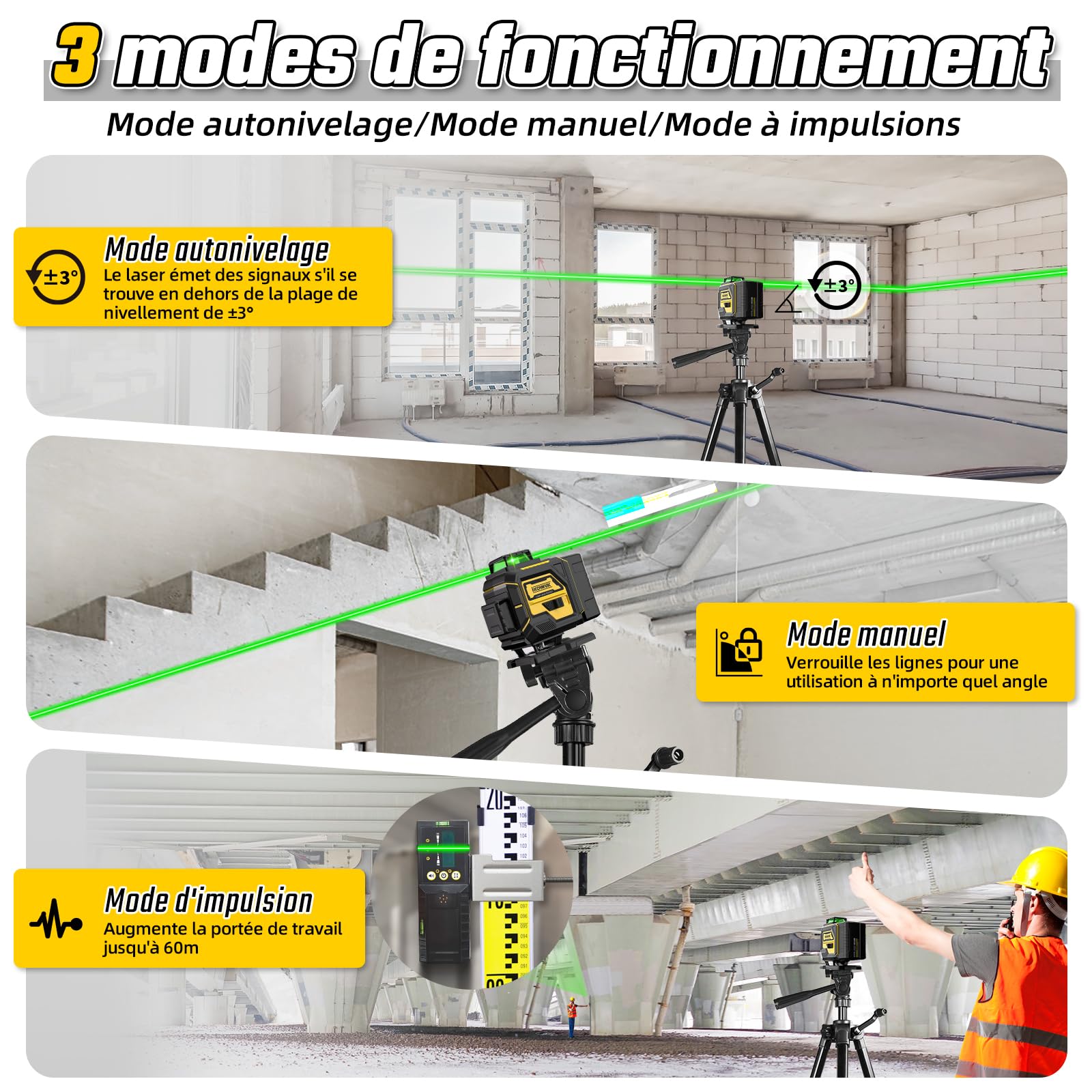 Niveau Laser Chantier avec Trepied 4 x 360°