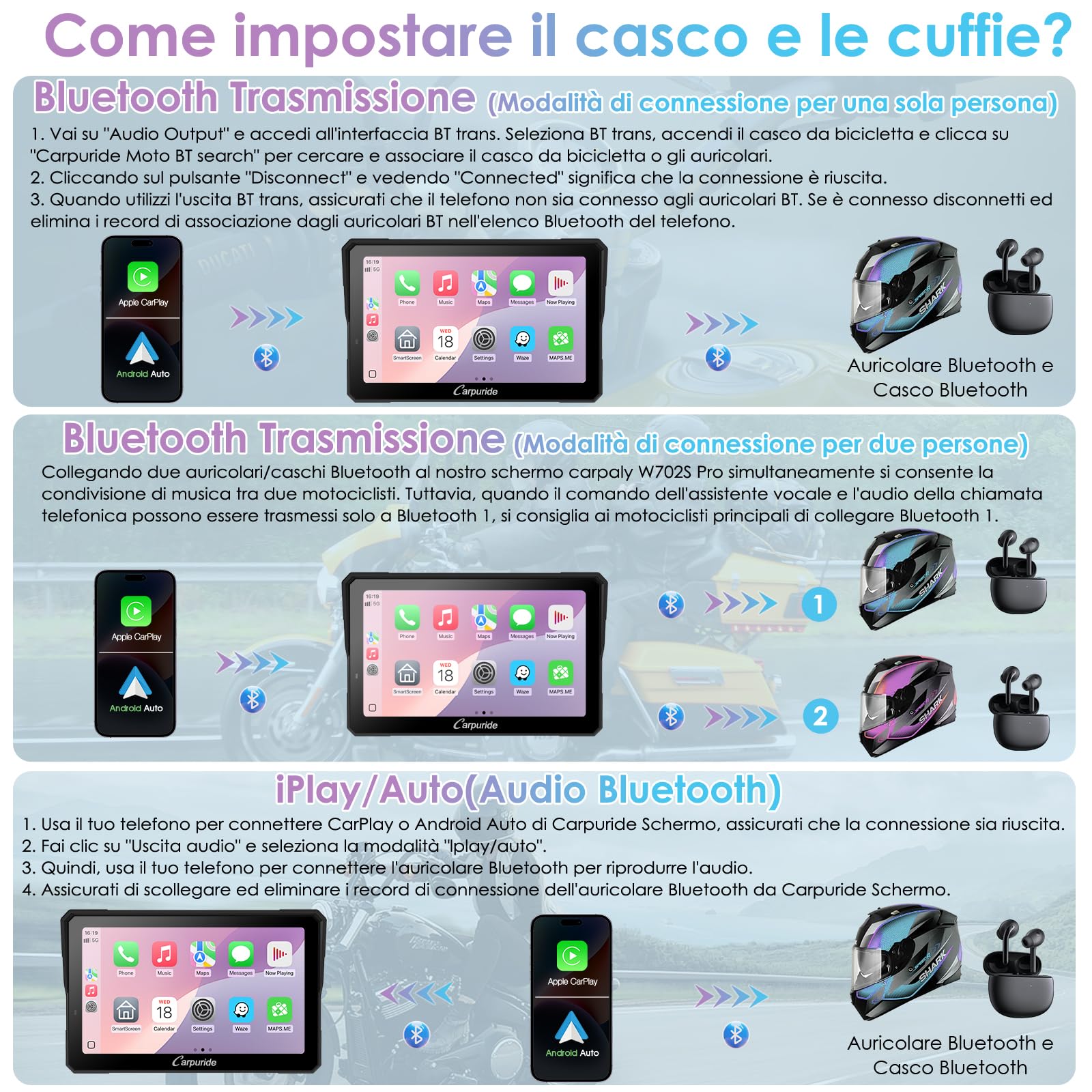 CARPURIDE W702RS Pro Moto Carplay Schermo con Radar BSD e BM05 Mount, Wireless CarPlay & Android Auto, 7 pollici Impermeabile Touchscreen, Funzione Interfono, Dual Bluetooth, Wired Controller, Navi.