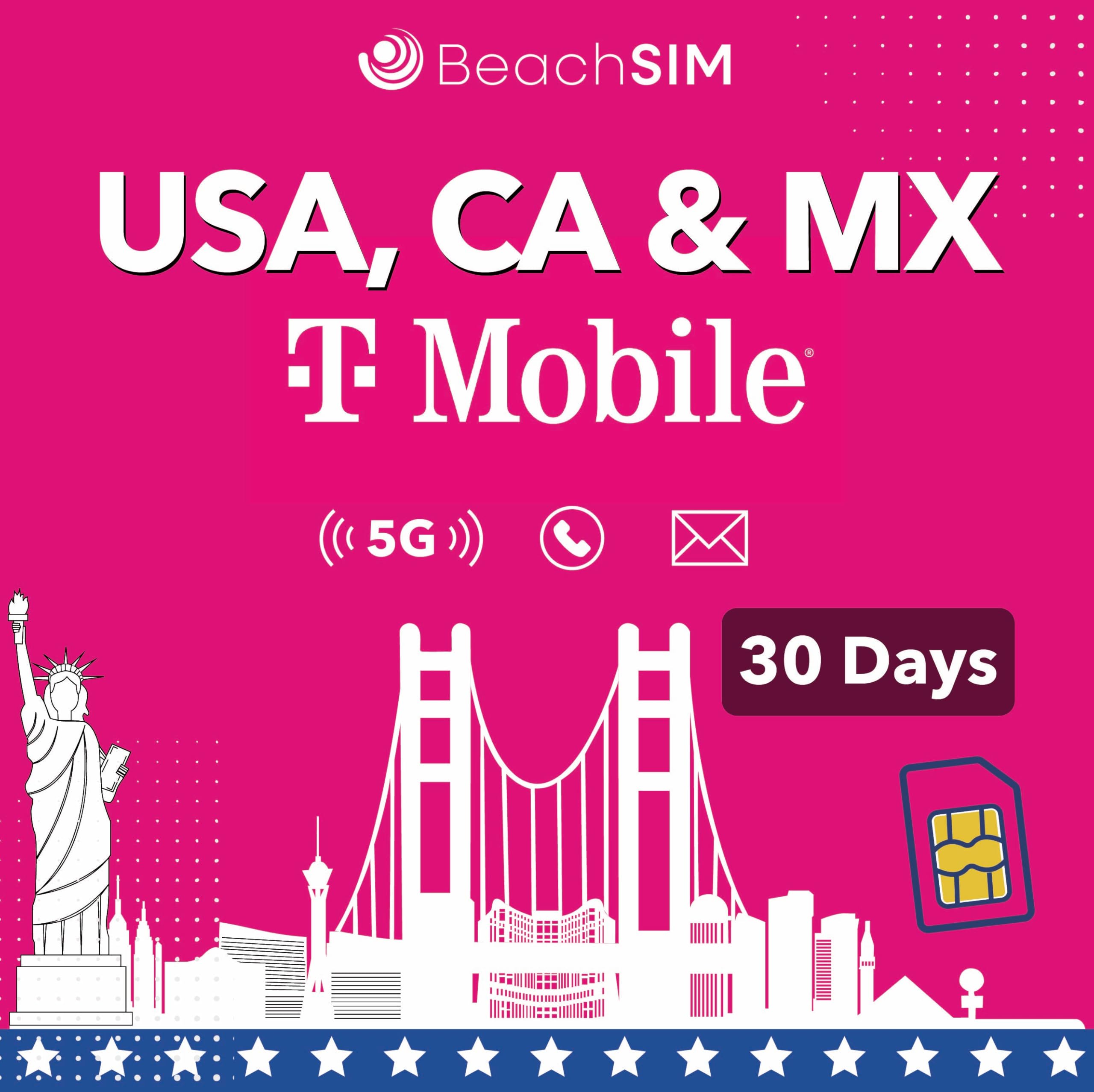 T-Mobile USA/CA/MEX SIM Karte 30 Tage. Unbegrenztes Datenvolumen, Anrufe und SMS für die USA. 5 GB für Kanada und Mexiko. Einfaches Aufladen. Schnelle Aktivierung.