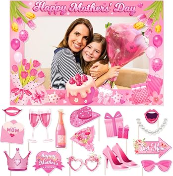 Mothers Day Photo Booth Props with Photo Frame Colorful Floral Happy Mothers Day Directional Posing Sign Selfie Props for Photoshoot Flowers Best Mom Ever Thank You Mum Photography Decor 16Pcs