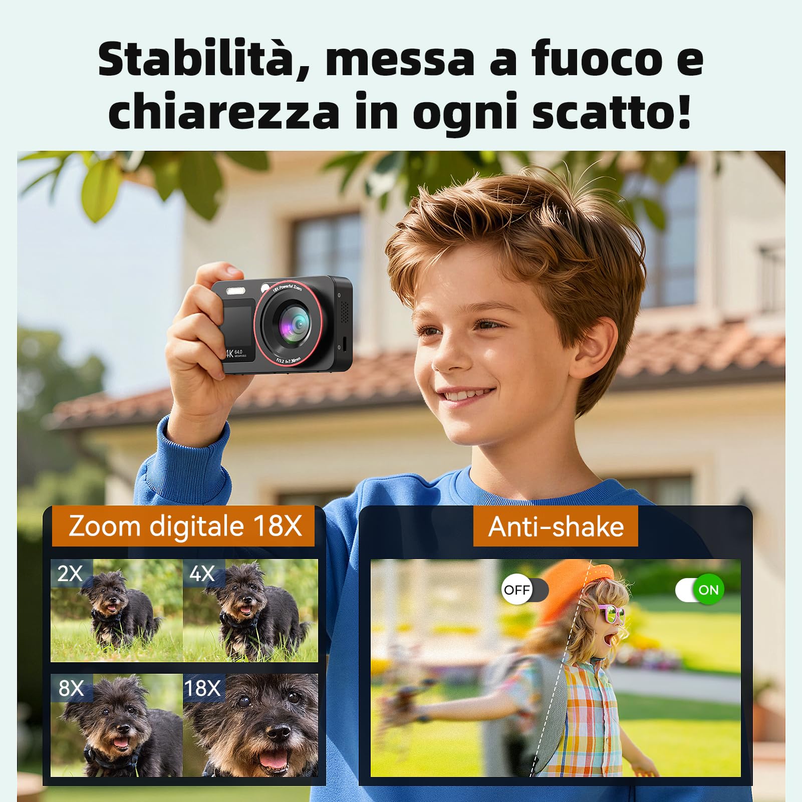 Macchina Fotografica Digitale 4K 64MP Fotocamere Digitali Compatte 18X Zoom Fotocamera Digitale con Scheda 64GB con 2 Batteries,2 Schermi Per Bambini Studenti Principianti, Nero