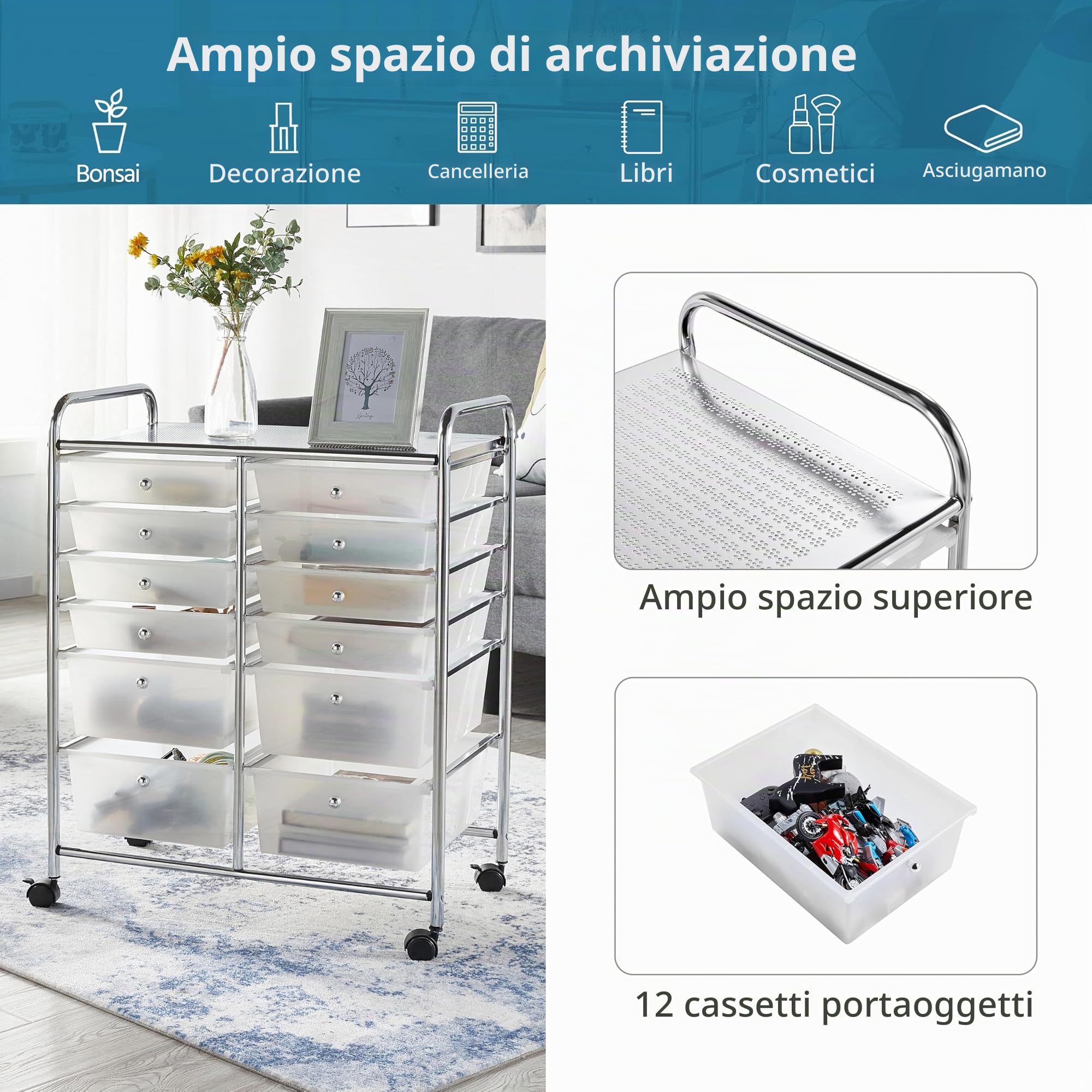 Carrello Portaoggetti Stoccaggio con 12 Cassetti Cassettiera Rimovibili in Plastica con Ruote per Ufficio Cucina Dispensa Soggiorno Bagno (Bianco)