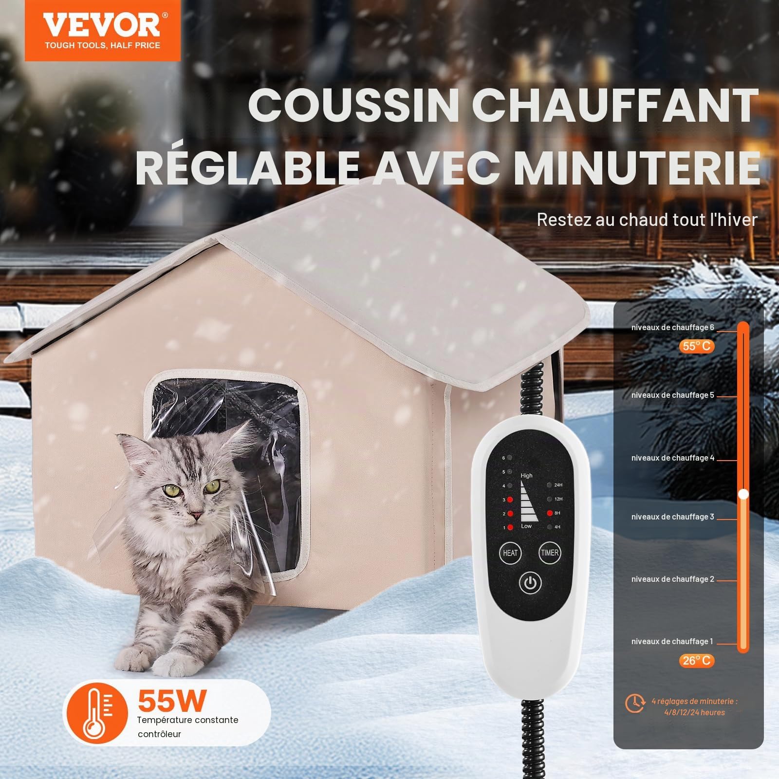 VEVOR Maison Chat Surélevée Chauffante, Niche Chat Extérieur avec Coussin Chauffant, Température Réglable, Minuterie, Abri Hiver pour Chats Pliable en Tissu Oxford 600D pour Rester au Chaud, Marron, M