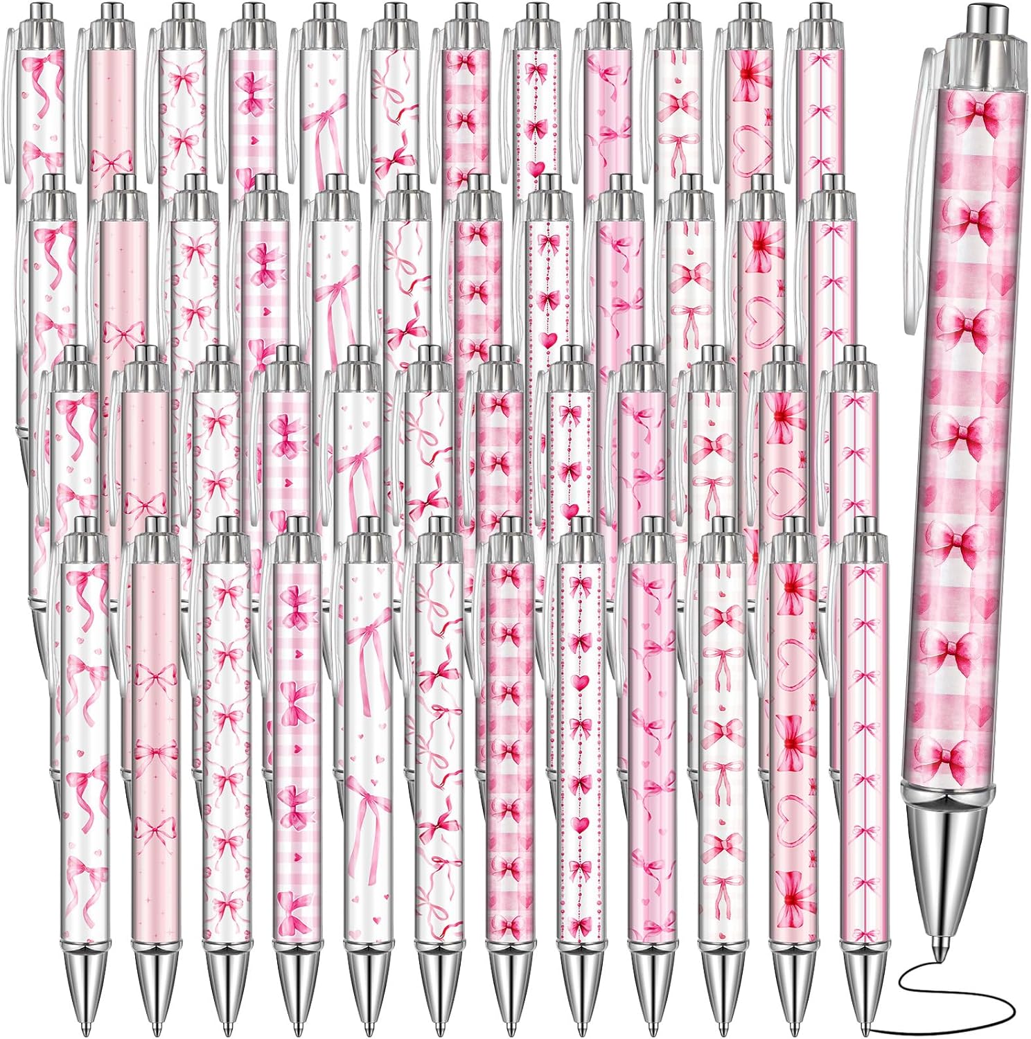 Sayglossy 48 Pcs Pink Bow Ballpoint Pens 0.5 mm Black Ink Coquette Aesthetic Bow Ribbon Heart Pens for Women Office Home Valentines Gifts Presents Supplies