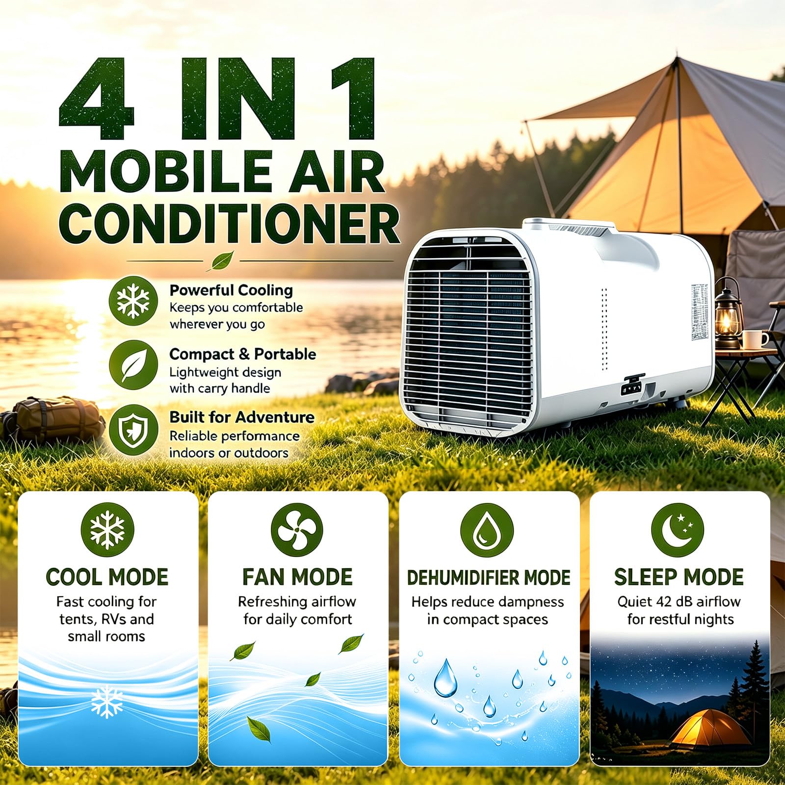 Przenośny klimatyzator, camping AC 4w1, cichy silnik, niskie zużycie energii, automatyczne odparowanie, timer 12H, pilot do namiotu, kampera i pokoju 5100BTU
