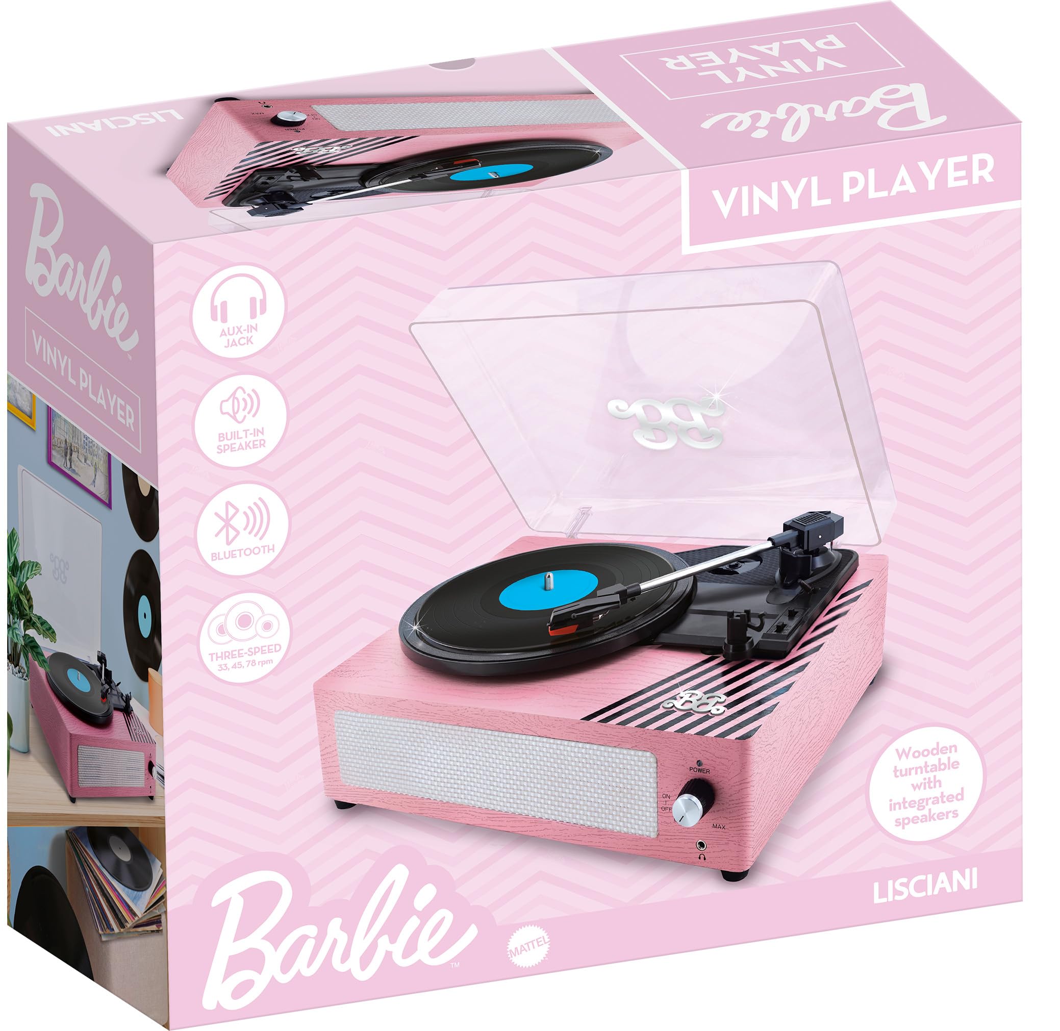 Lisciani – Barbie Wireless Earphones - Ecouteurs Audio sans Fil Stylé - Rose avec Etui Graphique Noir & Blanc - Volume Sécurisé – Batterie Rechargeable – Confort Ajustable – Bluetooth Compatible