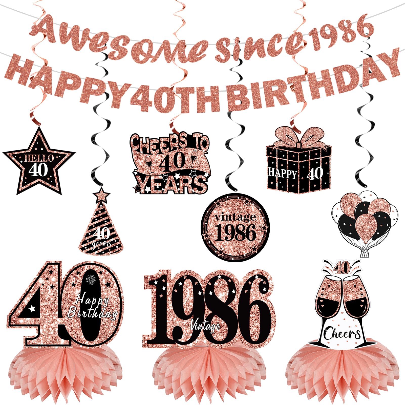 Kuxriox 11Pcs 40th Birthday Decorations Kit Rose Gold