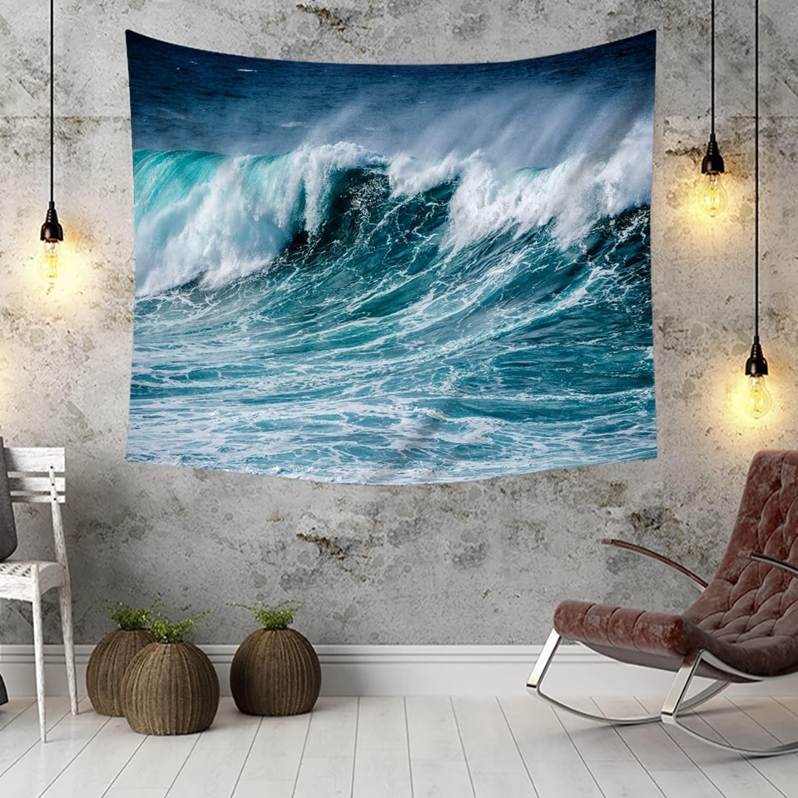 Tapiz gris tela de pared blanca XL Olas del océano Microfibras para el dormitorio, salón, oficina, apartamento, 300 x 256 cm (Ancho x Alto)