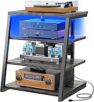 Armocity 4-Tier AV Media Stand with Power Strip, USB Ports & LED Lights - Adjustable Stereo Rack, Small Entertainment Center, Grey Oak, 30"