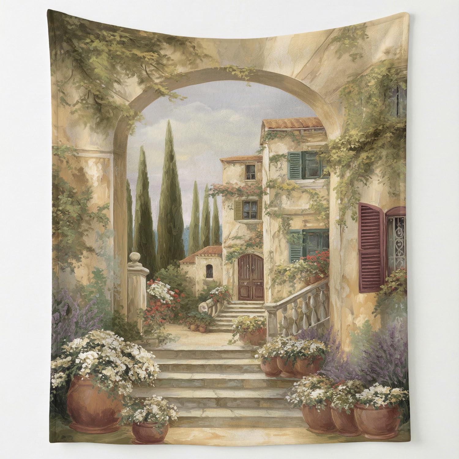 Manta de franela vintage 150x150cm con diseño pastoral de flores mediterráneas para sofá